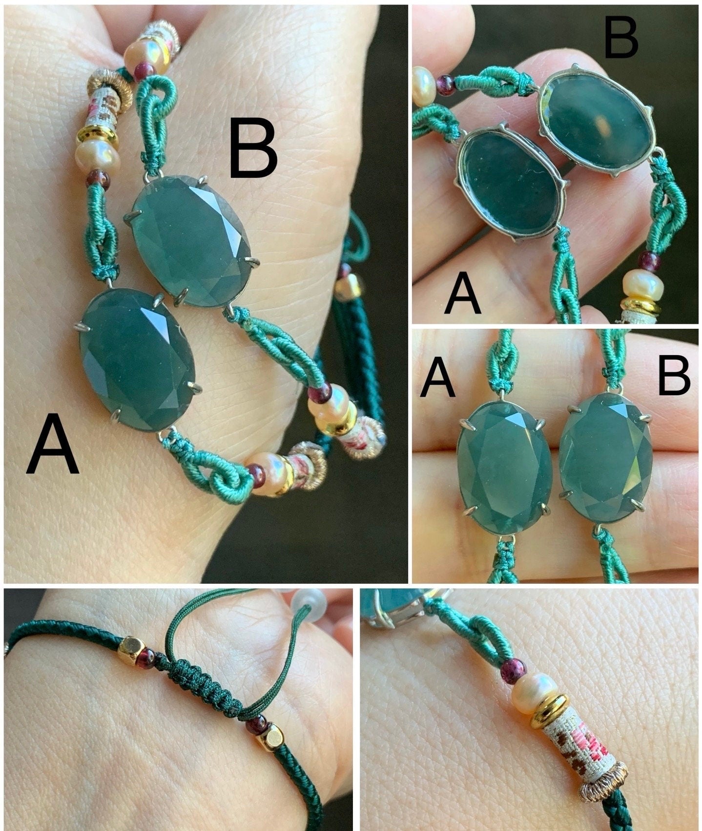 Natural Guatemalan Icy Translucent Dark Teal Green Jadeite Faceted Oval Cabochon Rope Bracelet Adjustable Sterling Silver 天然冰危湖水绿切割面翡翠手绳