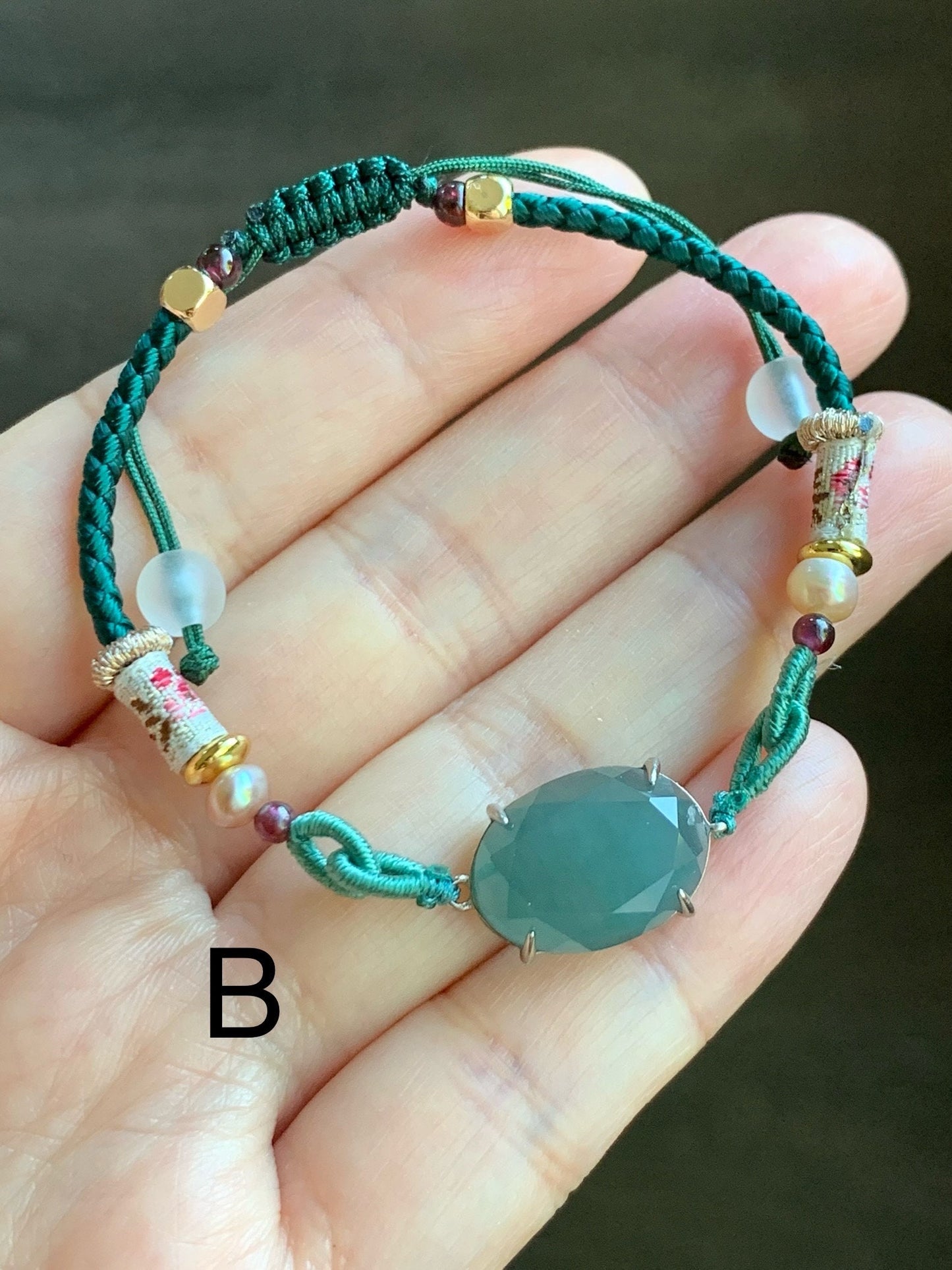 Natural Guatemalan Icy Translucent Dark Teal Green Jadeite Faceted Oval Cabochon Rope Bracelet Adjustable Sterling Silver 天然冰危湖水绿切割面翡翠手绳
