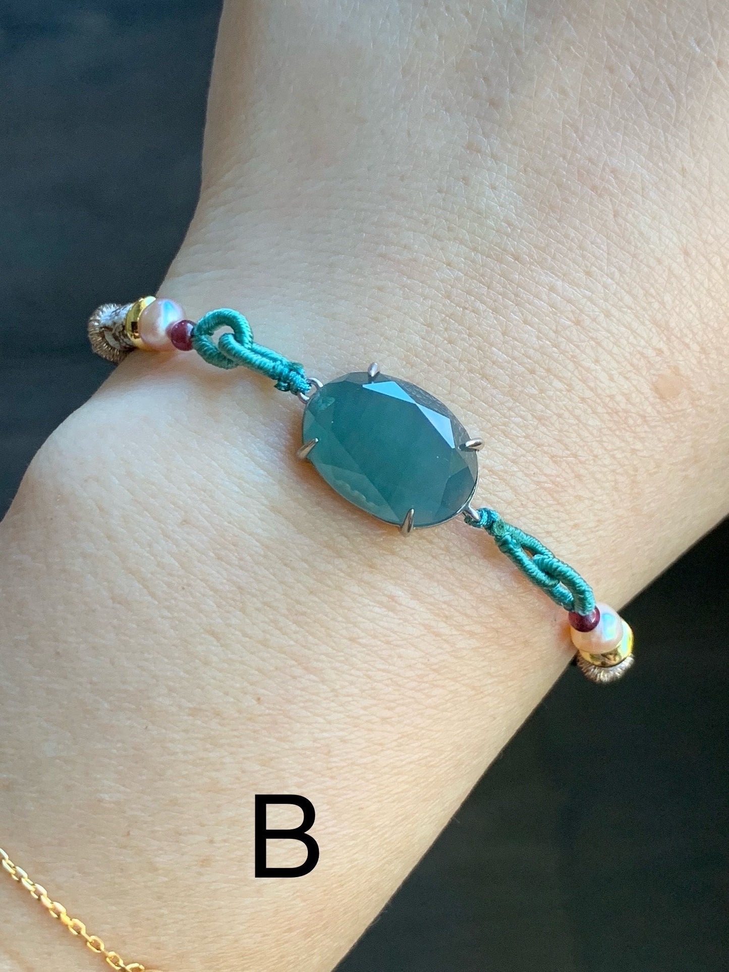 Natural Guatemalan Icy Translucent Dark Teal Green Jadeite Faceted Oval Cabochon Rope Bracelet Adjustable Sterling Silver 天然冰危湖水绿切割面翡翠手绳