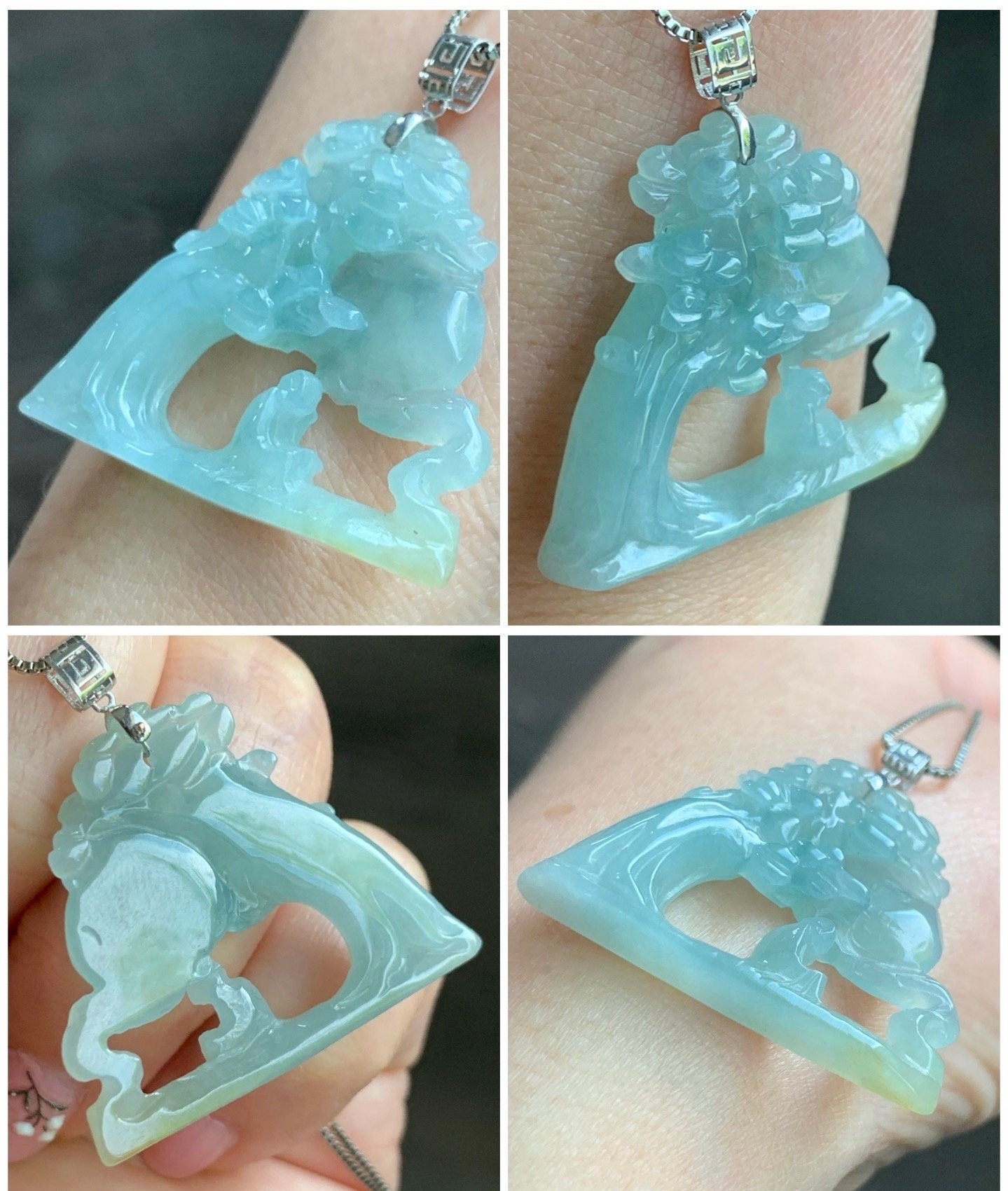 Natural Burmese Icy Translucent Gelatinous Light Blue & Yellow Jadeite Wu Dao Enlightenment Pendant 18K White Gold 天然缅甸冰胶淡蓝飘黄翡翠悟道镶嵌吊坠