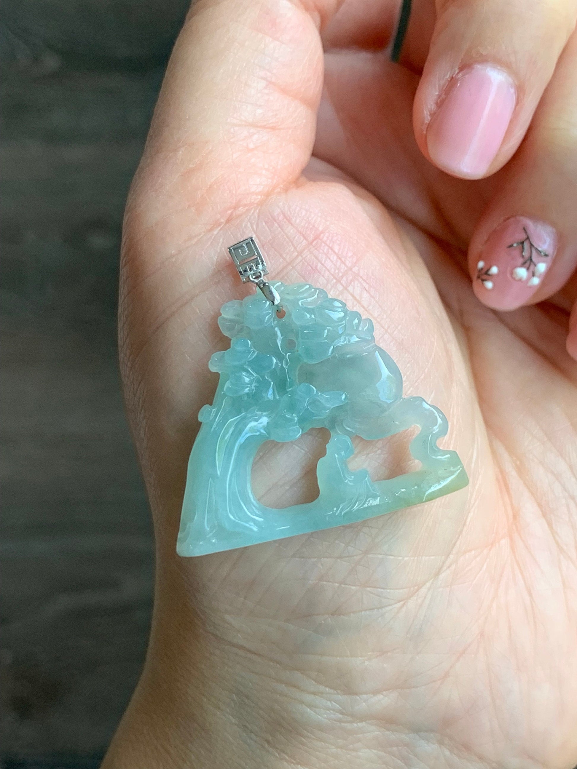 Natural Burmese Icy Translucent Gelatinous Light Blue & Yellow Jadeite Wu Dao Enlightenment Pendant 18K White Gold 天然缅甸冰胶淡蓝飘黄翡翠悟道镶嵌吊坠