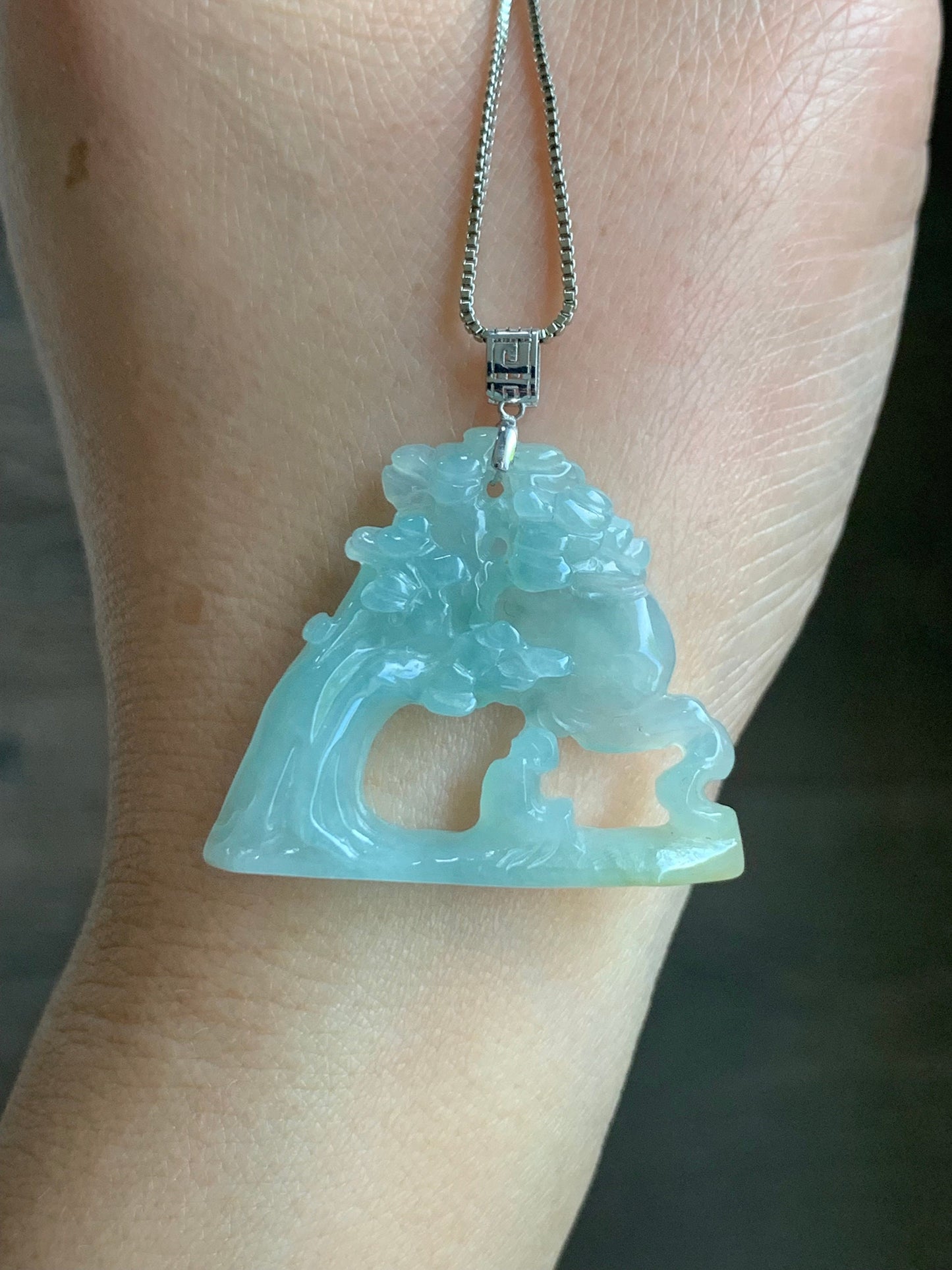 Natural Burmese Icy Translucent Gelatinous Light Blue & Yellow Jadeite Wu Dao Enlightenment Pendant 18K White Gold 天然缅甸冰胶淡蓝飘黄翡翠悟道镶嵌吊坠