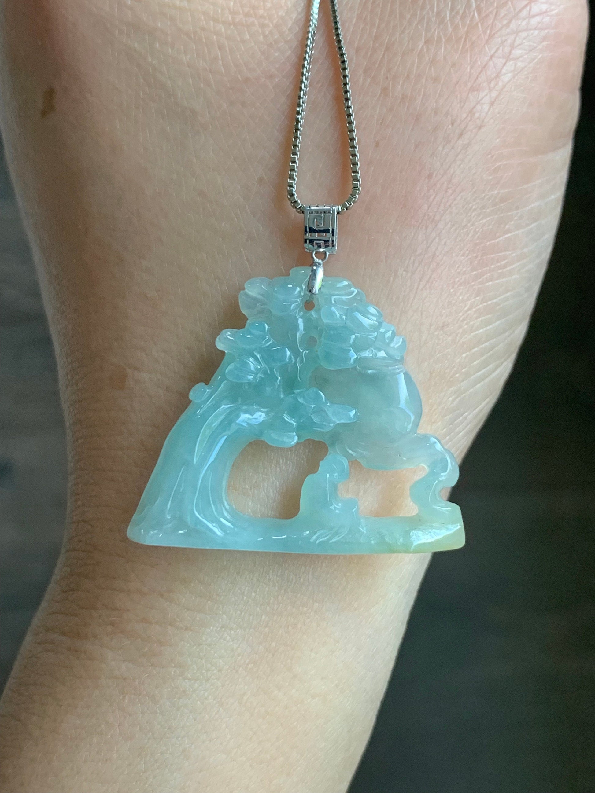 Natural Burmese Icy Translucent Gelatinous Light Blue & Yellow Jadeite Wu Dao Enlightenment Pendant 18K White Gold 天然缅甸冰胶淡蓝飘黄翡翠悟道镶嵌吊坠