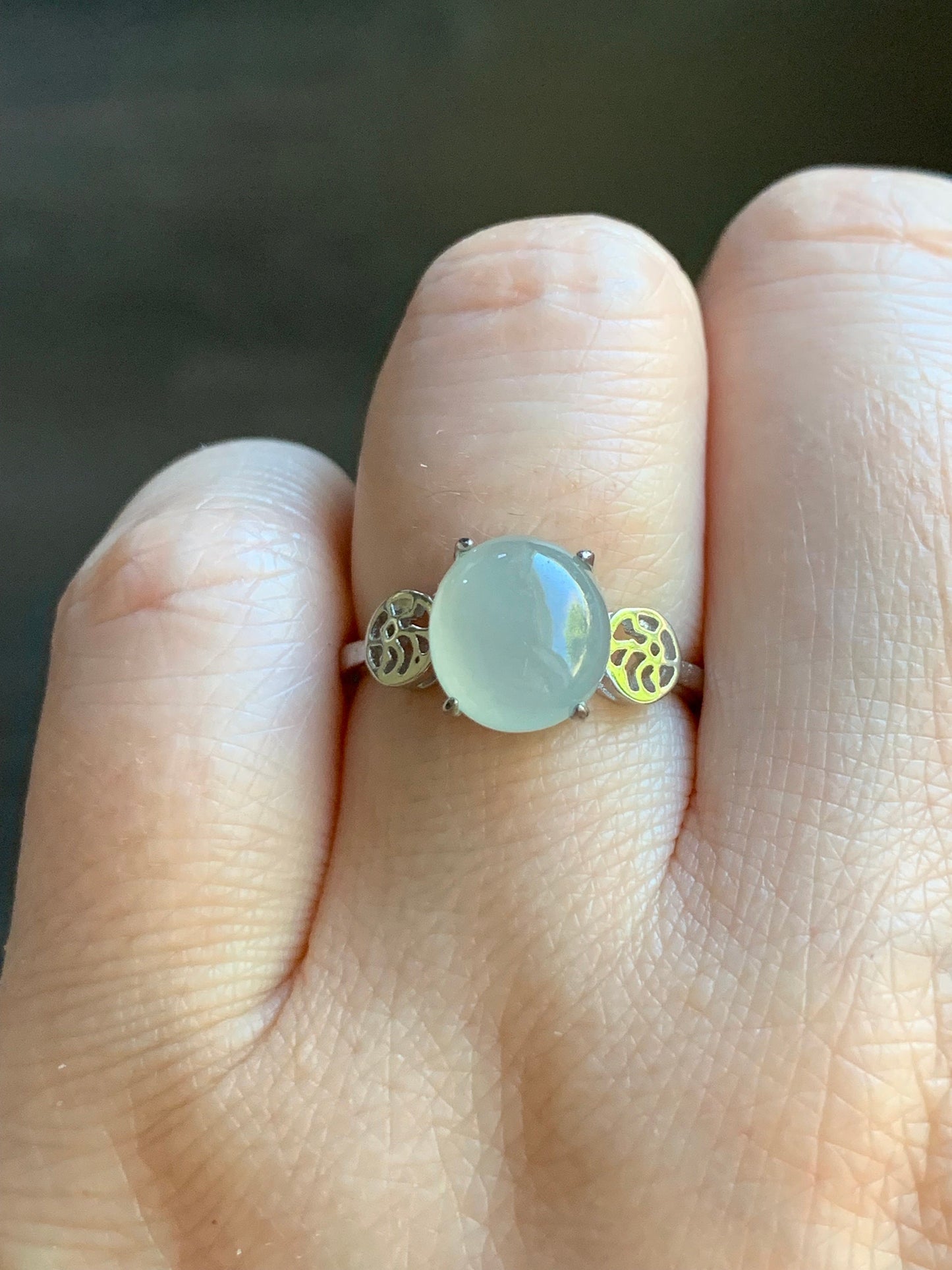 Natural Burmese Icy Translucent White Jadeite Oval Cabochon Solitaire Ring S925 Sterling Silver Size 6.25 天然缅甸白冰翡翠蛋面银镶戒指 MY50A