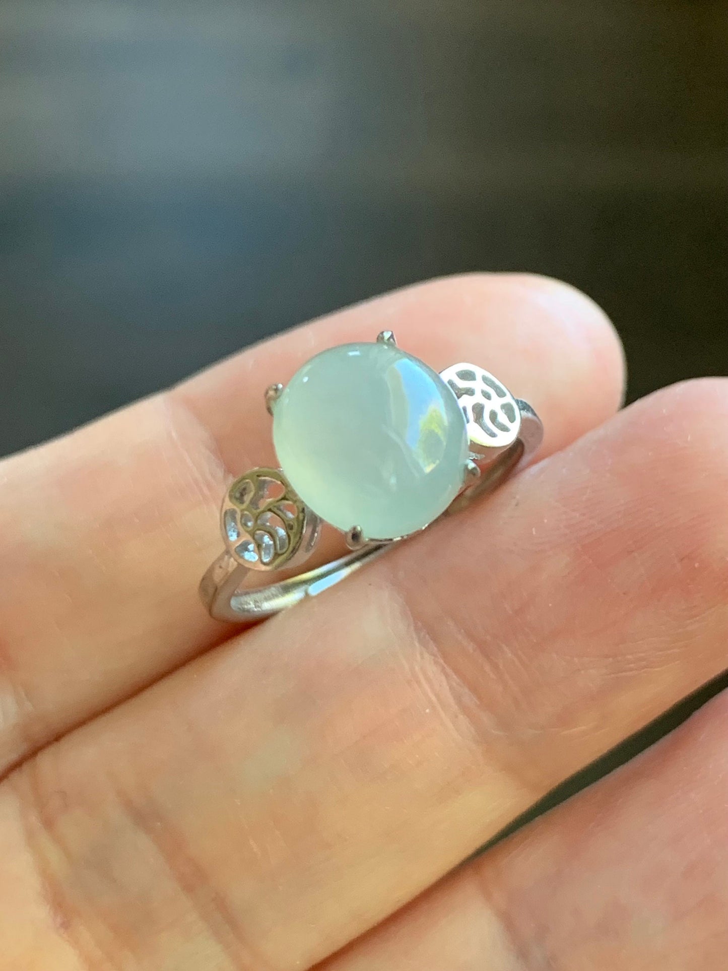 Natural Burmese Icy Translucent White Jadeite Oval Cabochon Solitaire Ring S925 Sterling Silver Size 6.25 天然缅甸白冰翡翠蛋面银镶戒指 MY50A