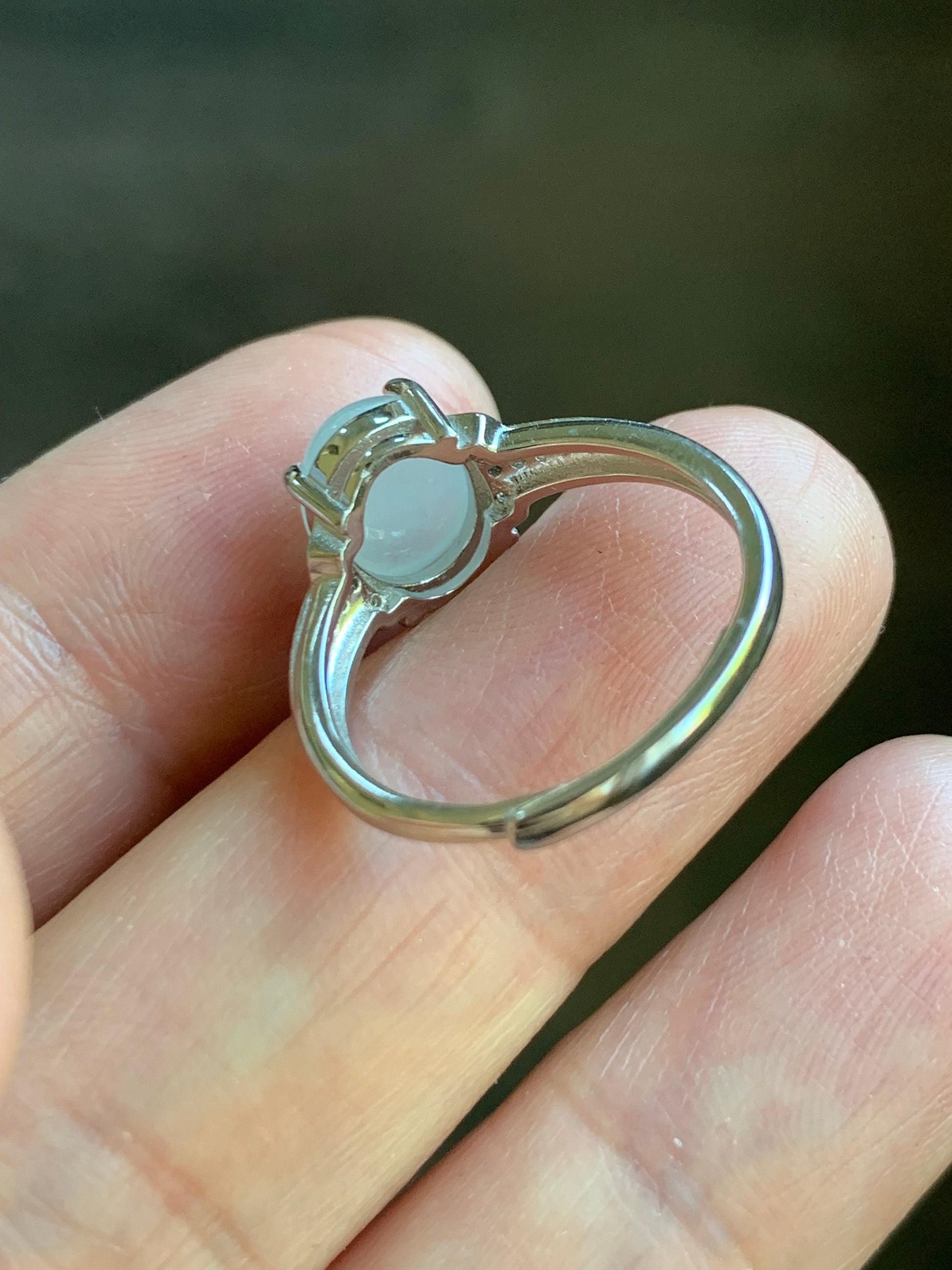 Natural Burmese Icy Translucent White Jadeite Oval Cabochon Solitaire Ring S925 Sterling Silver Size 5.75 天然缅甸白冰翡翠蛋面银镶戒指 MY50C