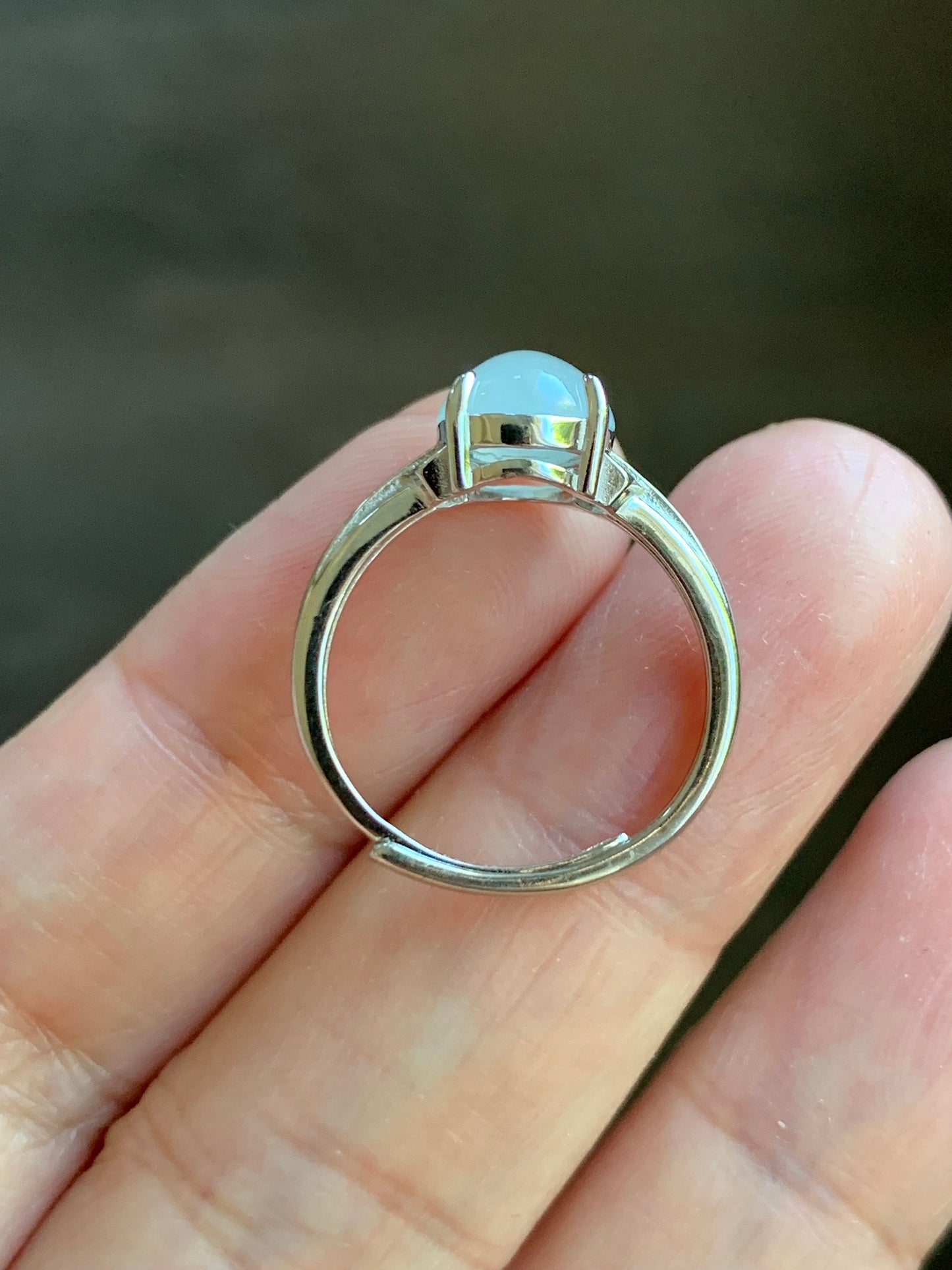 Natural Burmese Icy Translucent White Jadeite Oval Cabochon Solitaire Ring S925 Sterling Silver Size 5.75 天然缅甸白冰翡翠蛋面银镶戒指 MY50C