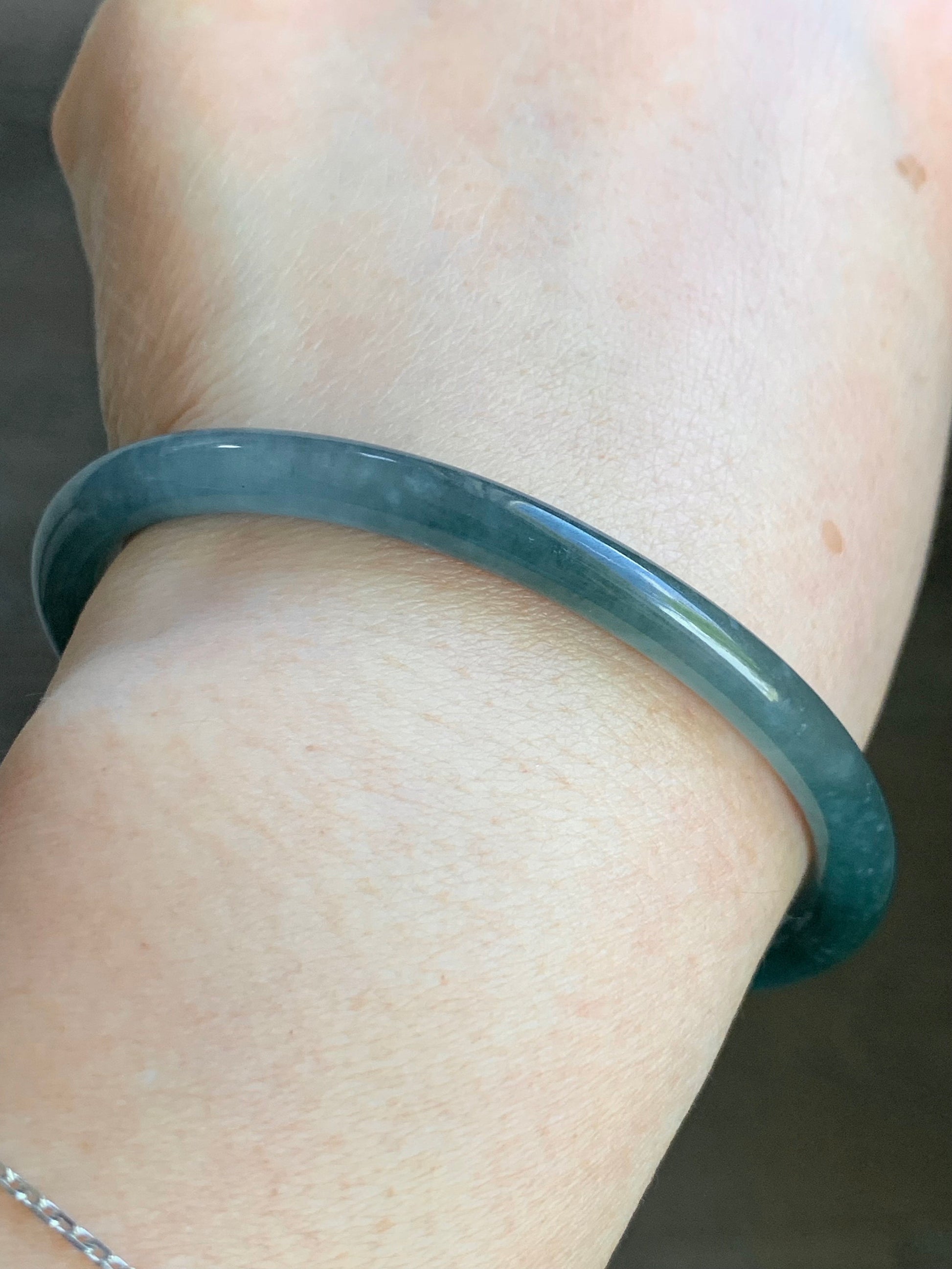 Certified Natural Guatemalan Icy Translucent Dark Teal Blue Jadeite Bangle Bracelet 59.1mm 5.6x6mm 17.47g 天然冰危蓝水翡翠细圆手镯 3248