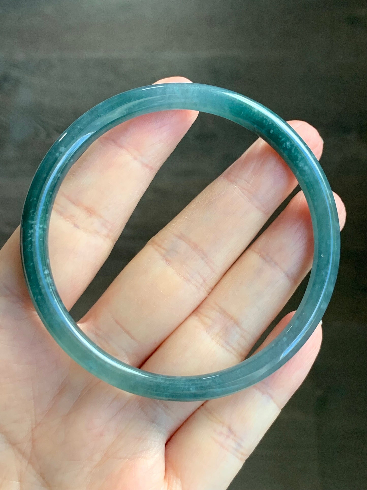 Certified Natural Guatemalan Icy Translucent Dark Teal Blue Jadeite Bangle Bracelet 59.1mm 5.6x6mm 17.47g 天然冰危蓝水翡翠细圆手镯 3248
