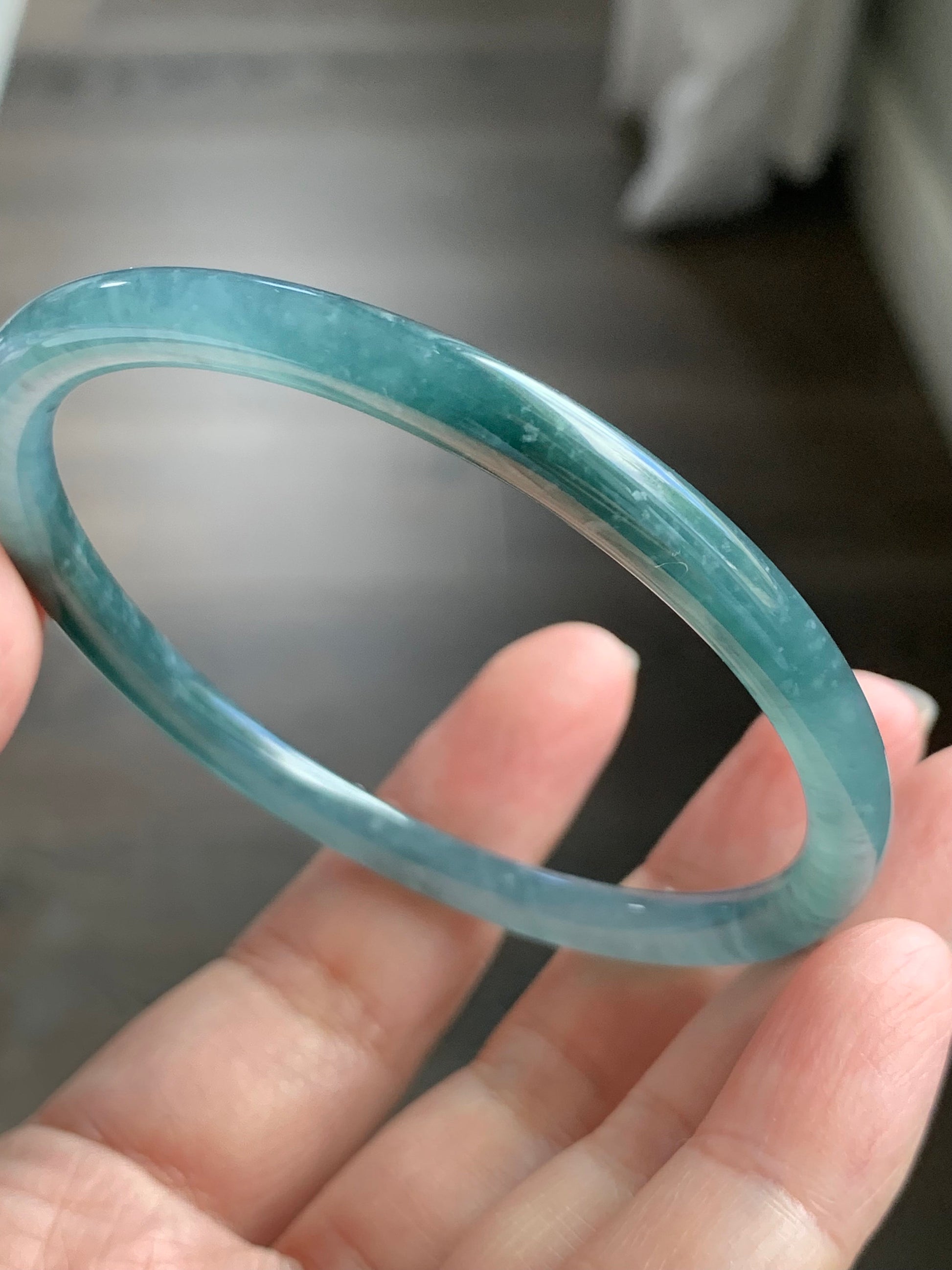 Certified Natural Guatemalan Icy Translucent Dark Teal Blue Jadeite Bangle Bracelet 59.1mm 5.6x6mm 17.47g 天然冰危蓝水翡翠细圆手镯 3248