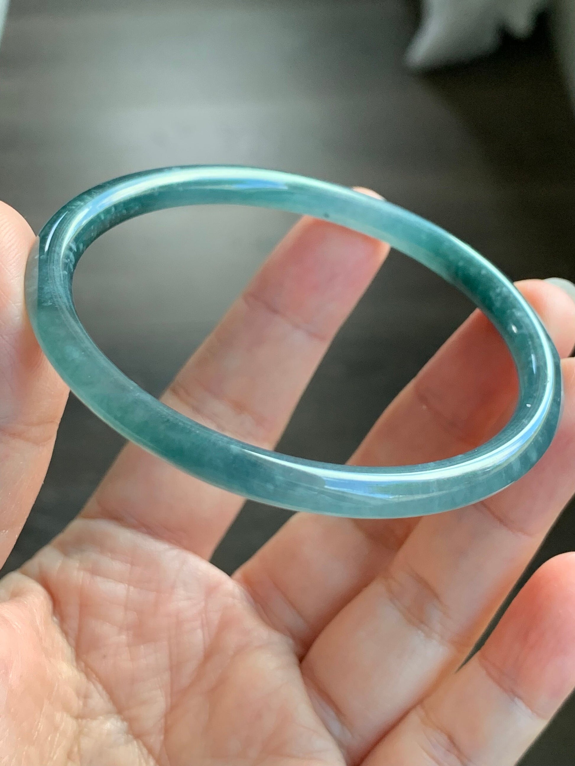 Certified Natural Guatemalan Icy Translucent Dark Teal Blue Jadeite Bangle Bracelet 59.1mm 5.6x6mm 17.47g 天然冰危蓝水翡翠细圆手镯 3248