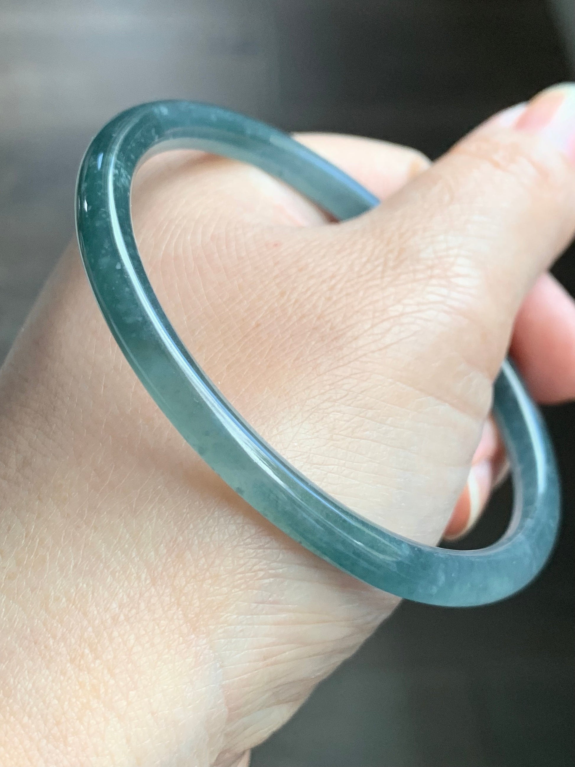 Certified Natural Guatemalan Icy Translucent Dark Teal Blue Jadeite Bangle Bracelet 59.1mm 5.6x6mm 17.47g 天然冰危蓝水翡翠细圆手镯 3248