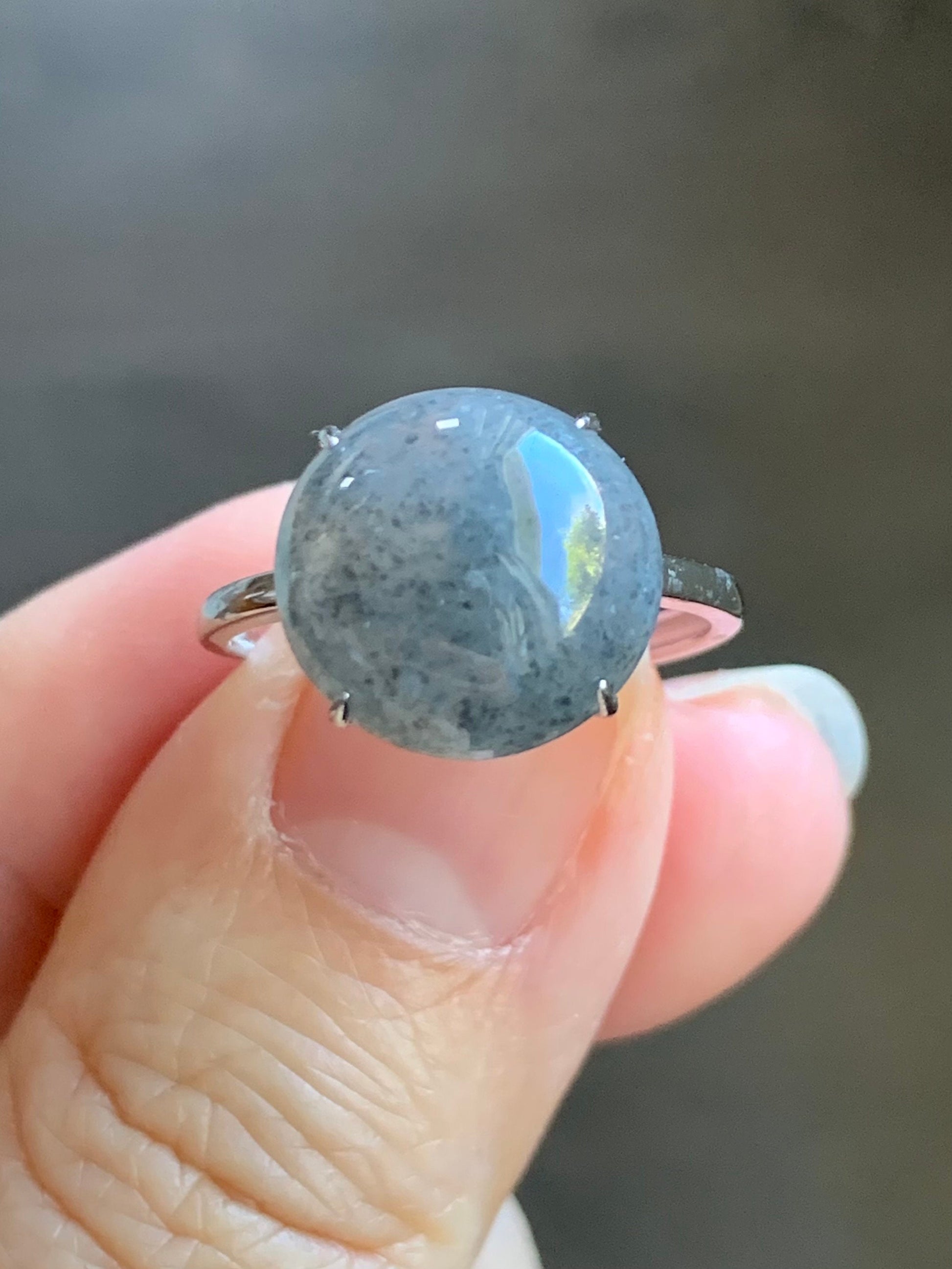 Natural Burmese Icy Translucent Large Wuji Round Jadeite Solitaire Ring S925 Sterling Silver Size Adjustable 天然缅甸冰乌鸡翡翠大尺寸蛋面银镶戒指 YWW100