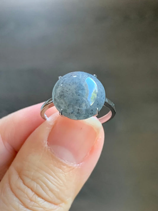 Natural Burmese Icy Translucent Large Wuji Round Jadeite Solitaire Ring S925 Sterling Silver Size Adjustable 天然缅甸冰乌鸡翡翠大尺寸蛋面银镶戒指 YWW100
