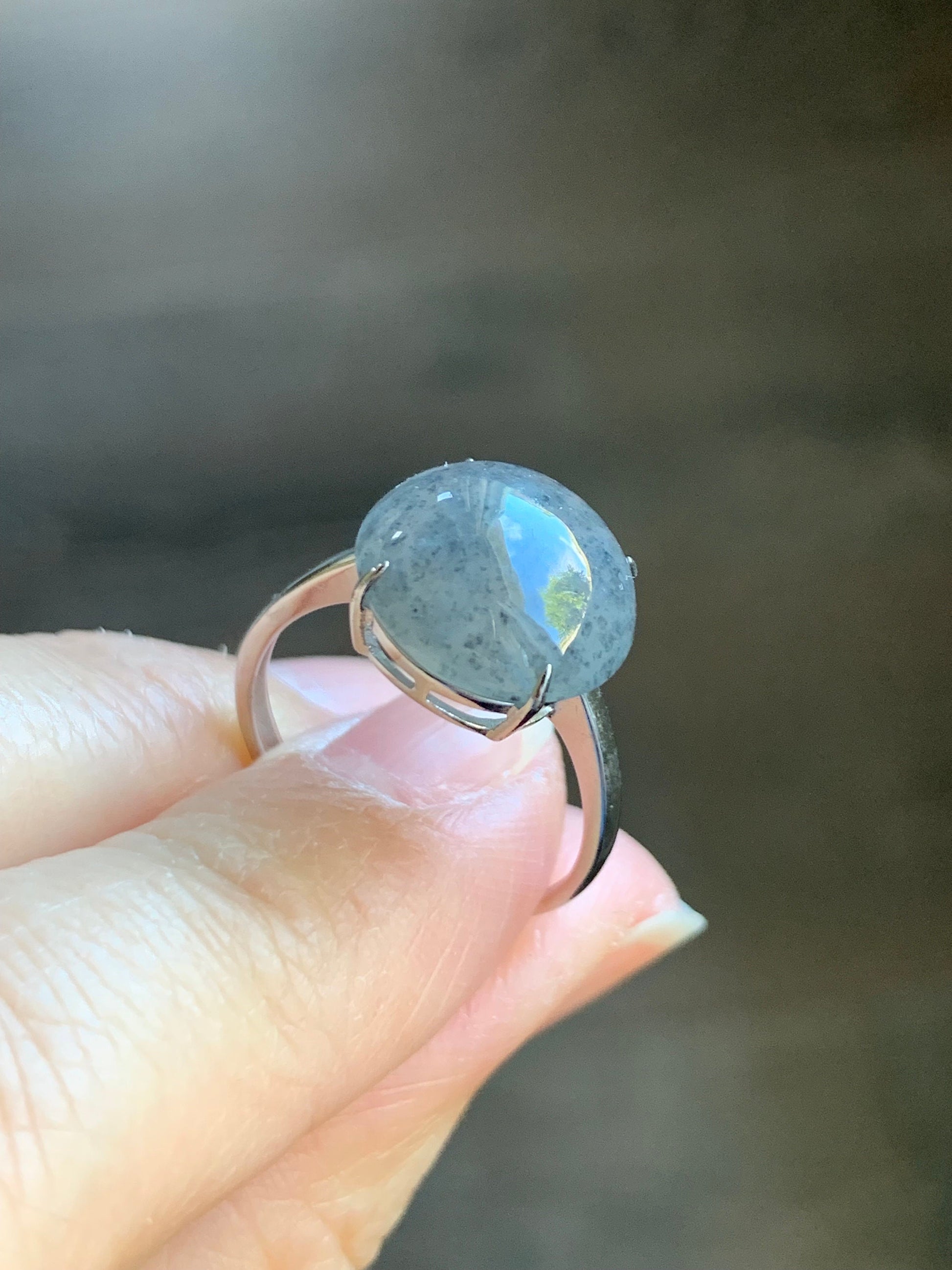 Natural Burmese Icy Translucent Large Wuji Round Jadeite Solitaire Ring S925 Sterling Silver Size Adjustable 天然缅甸冰乌鸡翡翠大尺寸蛋面银镶戒指 YWW100