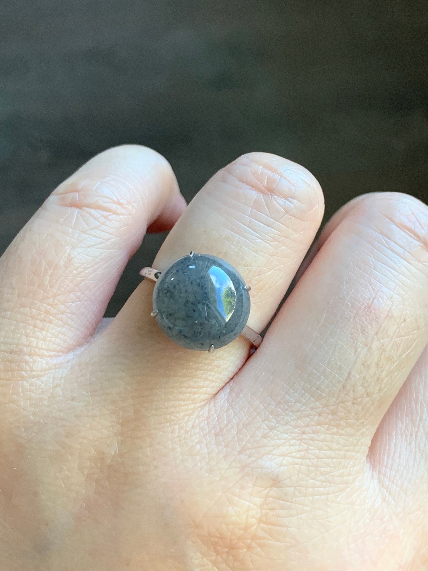 Natural Burmese Icy Translucent Large Wuji Round Jadeite Solitaire Ring S925 Sterling Silver Size Adjustable 天然缅甸冰乌鸡翡翠大尺寸蛋面银镶戒指 YWW100