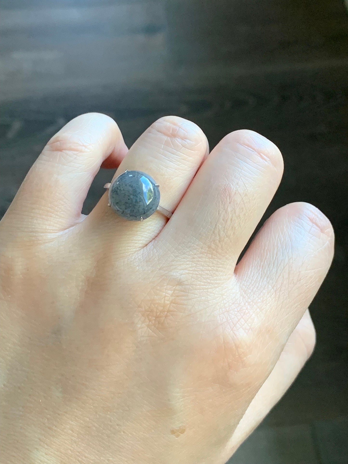 Natural Burmese Icy Translucent Large Wuji Round Jadeite Solitaire Ring S925 Sterling Silver Size Adjustable 天然缅甸冰乌鸡翡翠大尺寸蛋面银镶戒指 YWW100