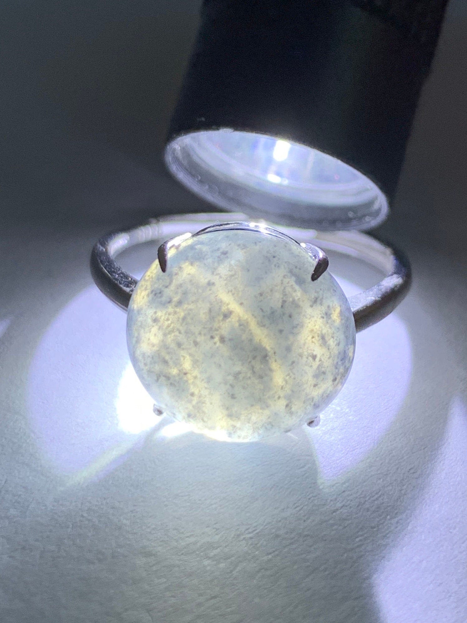 Natural Burmese Icy Translucent Large Wuji Round Jadeite Solitaire Ring S925 Sterling Silver Size Adjustable 天然缅甸冰乌鸡翡翠大尺寸蛋面银镶戒指 YWW100