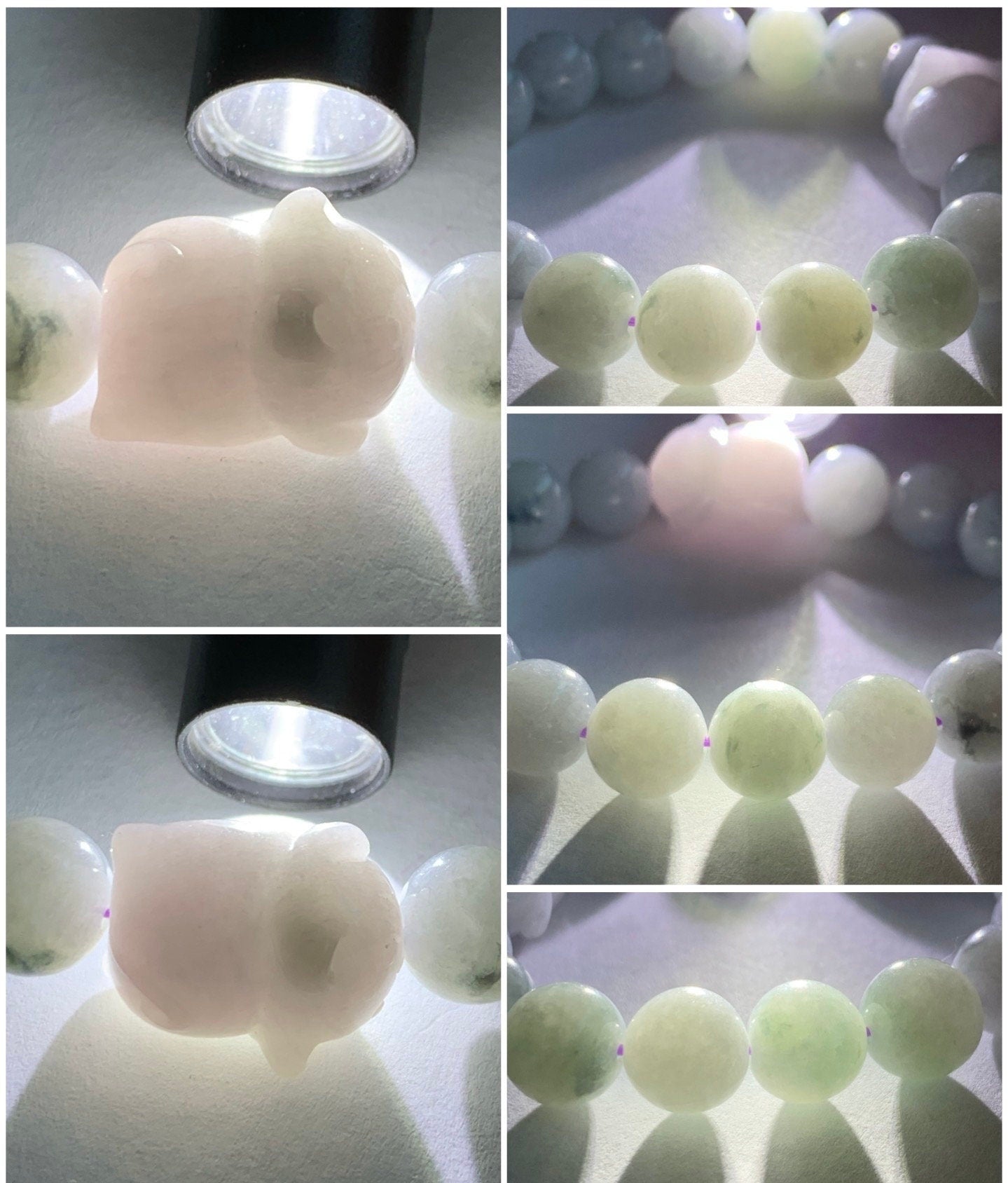LARGE Natural Burmese A Graded Icy Green Marbled Jadeite Beads Pudgy Cat Jadeite Charm Beaded Bracelet 10mm 6.75” 36g 天然缅甸大卡飘花翡翠猫咪珠手串 11724