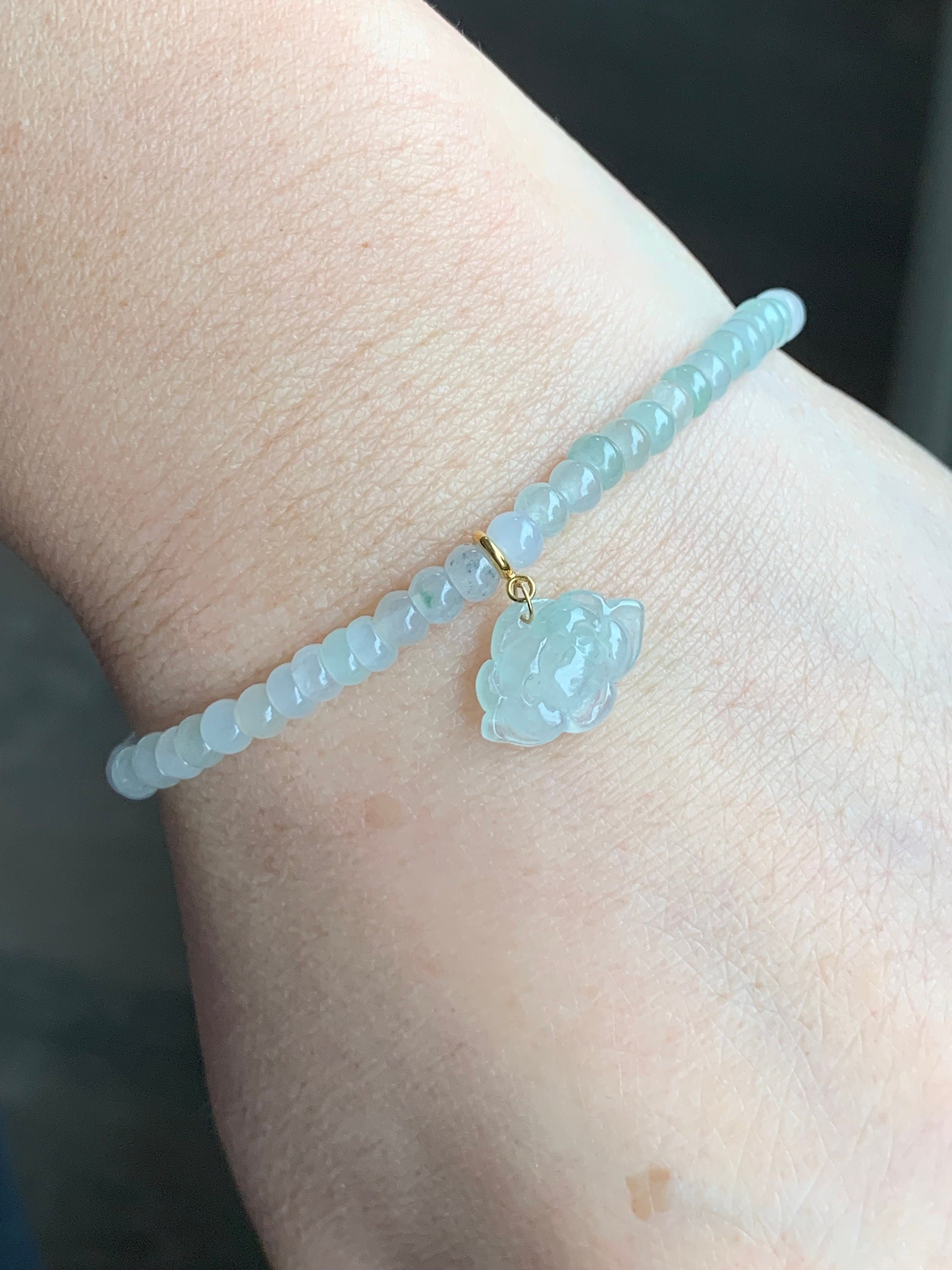 Certified Natural Burmese Premium Icy Jadeite Petite Flat Beads Bracelet Light Green Jadeite Lotus Flower Charm 18K 7.25” 天然缅甸冰胶翡翠算盘珠手串莲花意扣