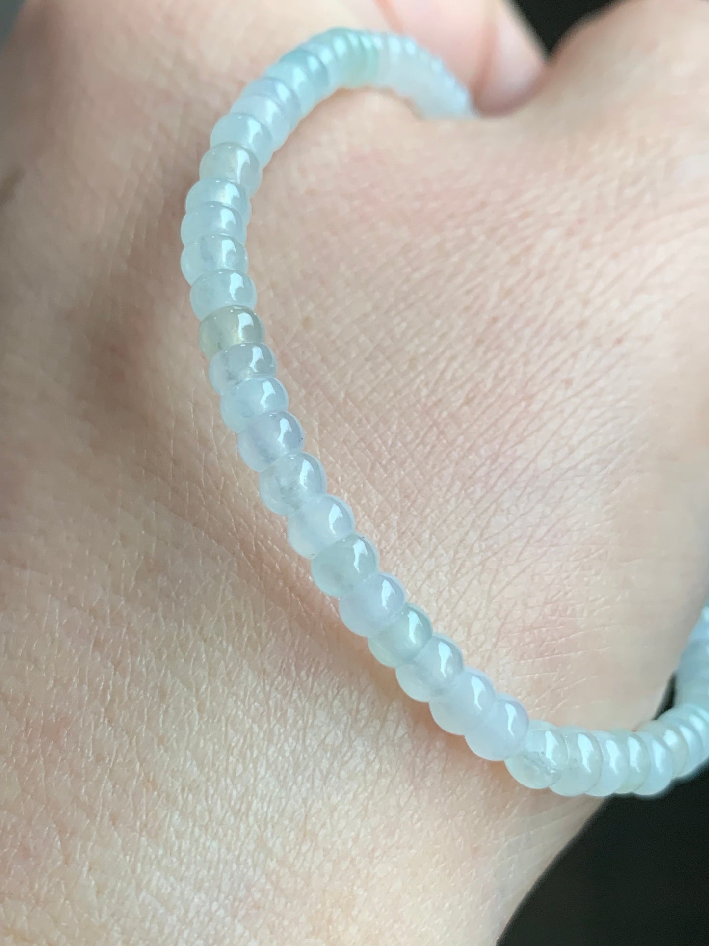 Certified Natural Burmese Premium Icy Jadeite Petite Flat Beads Bracelet Light Green Jadeite Lotus Flower Charm 18K 7.25” 天然缅甸冰胶翡翠算盘珠手串莲花意扣