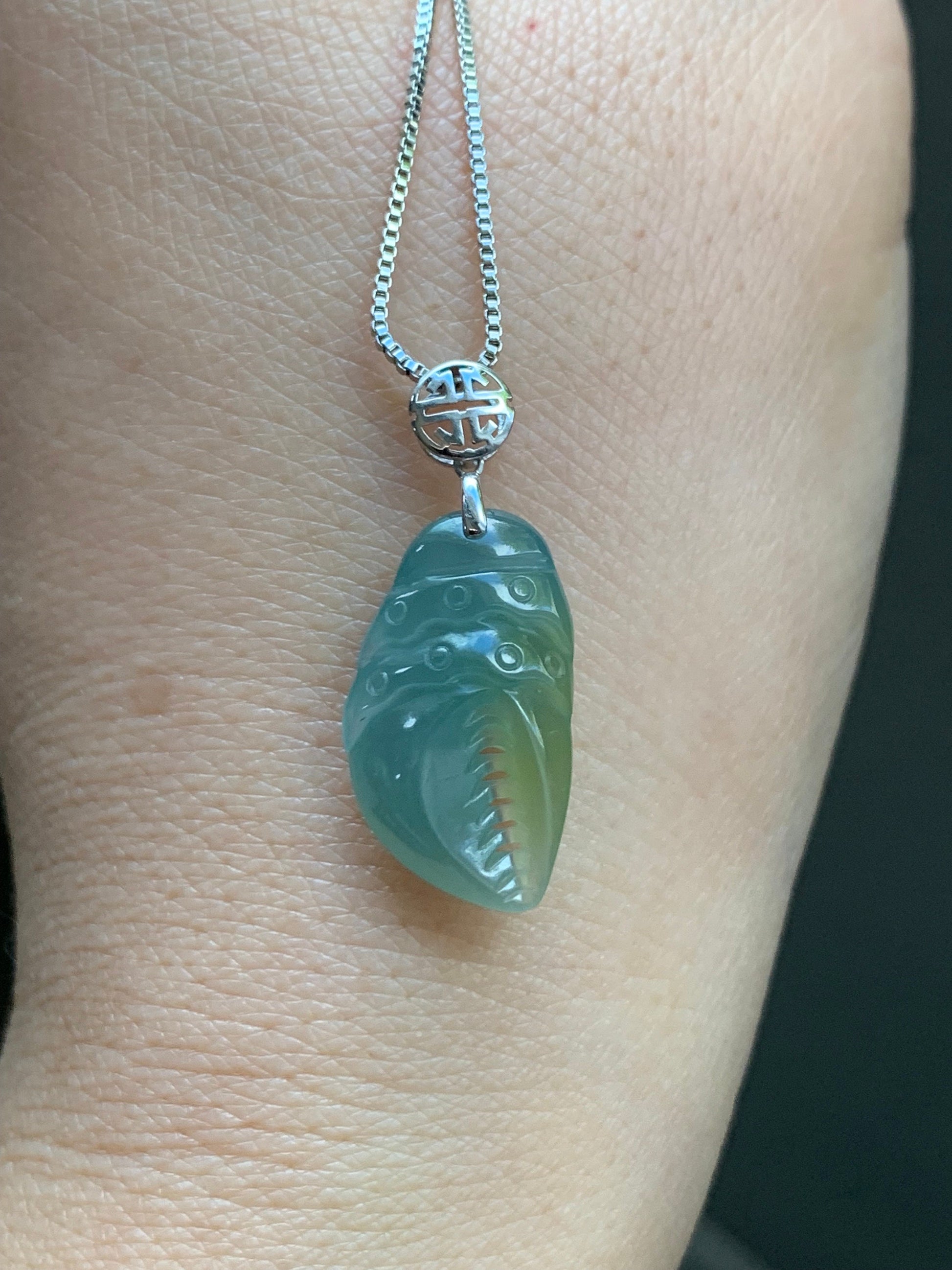 Natural Guatemalan Icy Translucent Dusty Blue & Yellow Jadeite Crab Claw Pendant 18K White Gold Bail 天然冰危蓝加黄翡翠蟹钳镶嵌吊坠