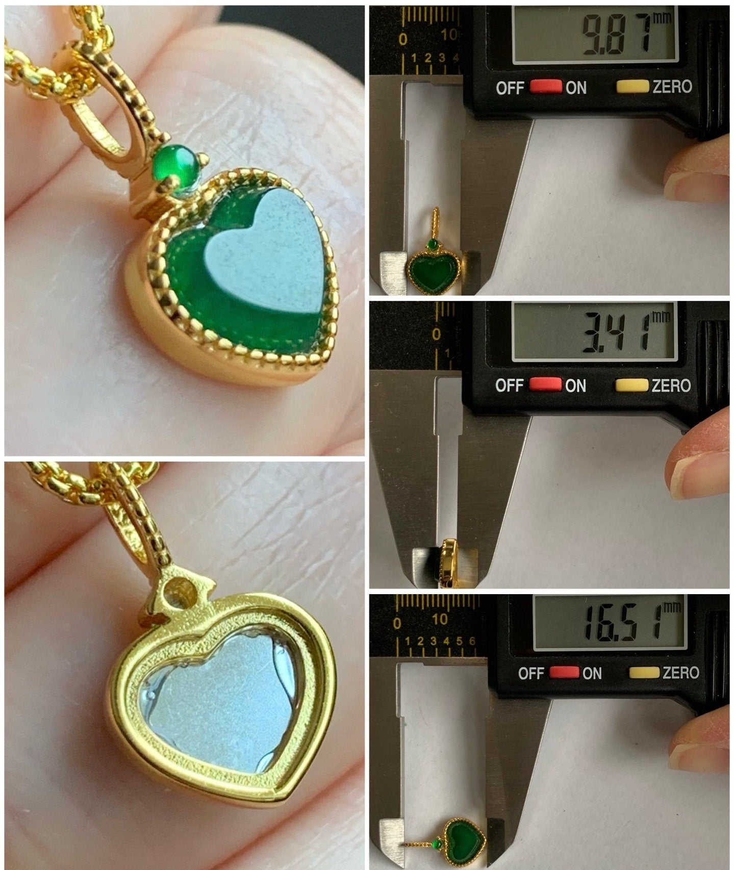 Natural Guatemalan Icy Highly Translucent Vibrant Green Jadeite Faceted Heart Pendant Sterling Silver Yellow Gold Finish 天然冰危绿翡翠爱心蛋面银镶吊坠 B