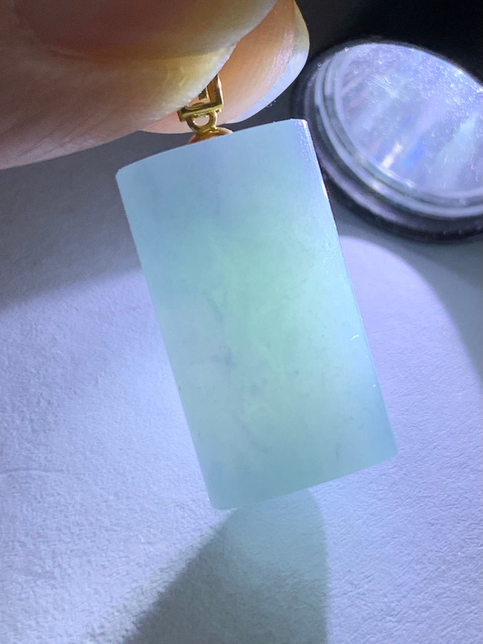 Natural Guatemalan Icy Translucent Gelatinous Purplish Blue Jadeite Cylinder Pendant 18K Yellow Gold Bail 天然冰危蓝紫翡翠圆柱镶嵌吊坠