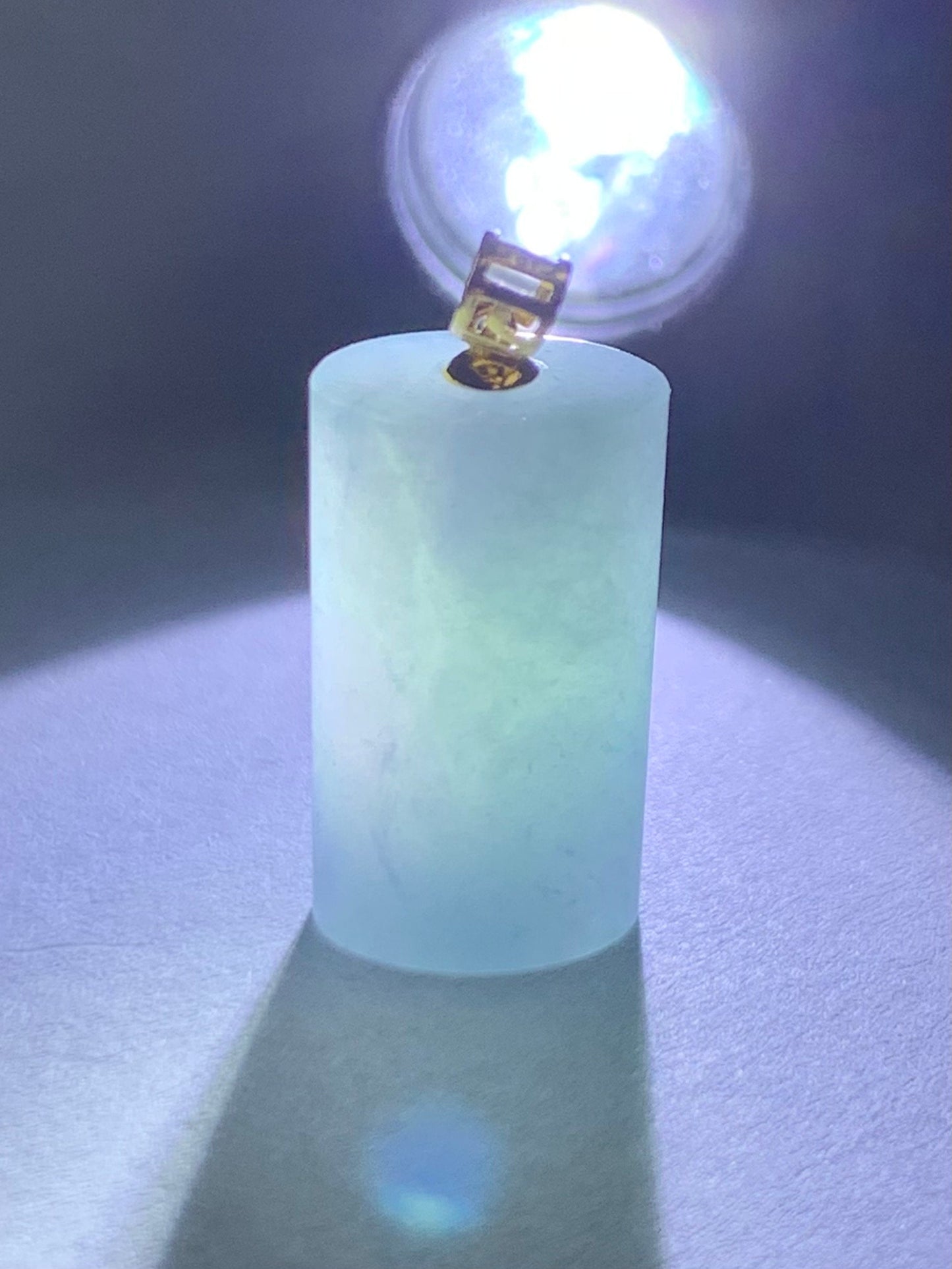 Natural Guatemalan Icy Translucent Gelatinous Purplish Blue Jadeite Cylinder Pendant 18K Yellow Gold Bail 天然冰危蓝紫翡翠圆柱镶嵌吊坠