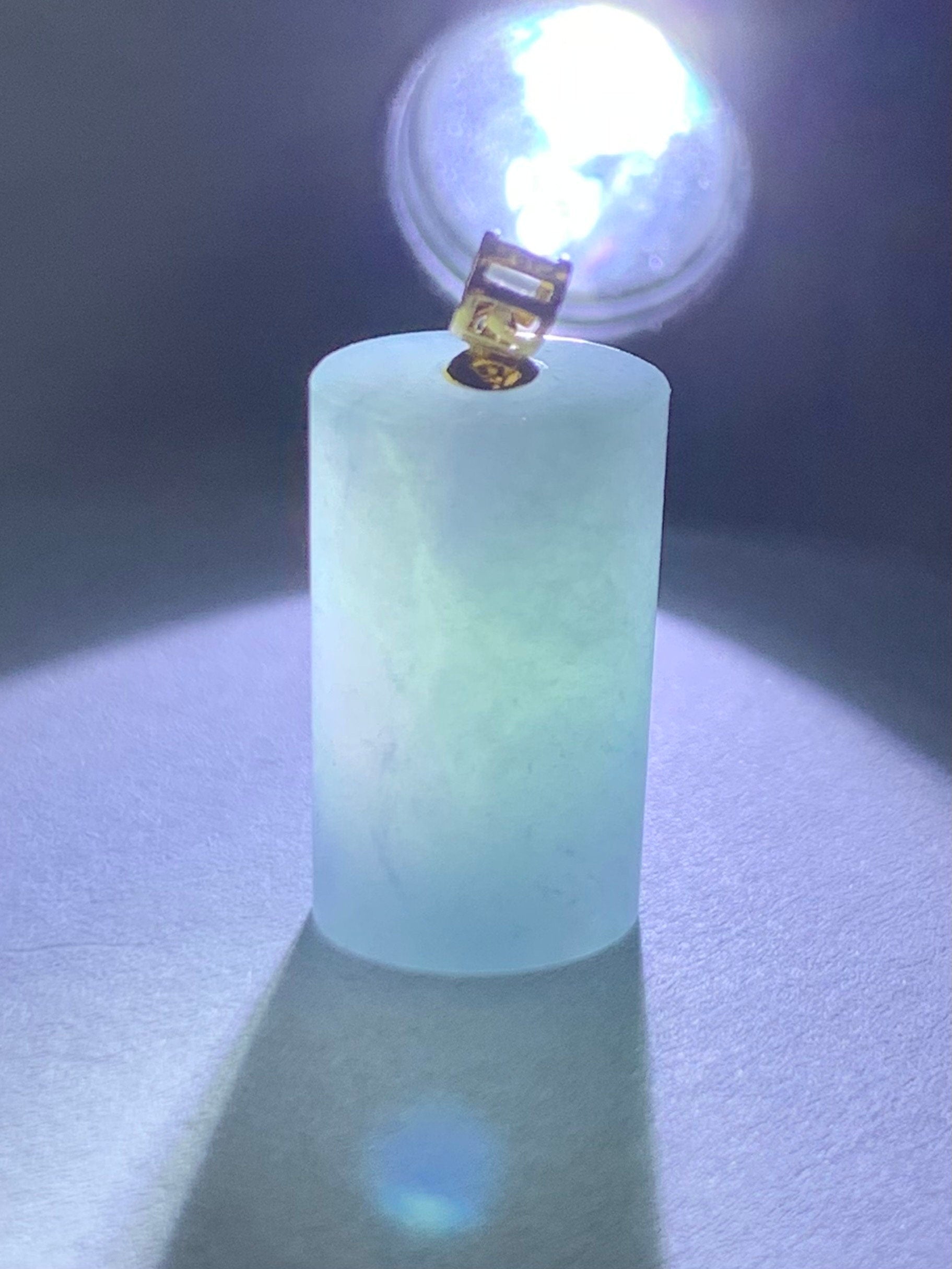 Natural Guatemalan Icy Translucent Gelatinous Purplish Blue Jadeite Cylinder Pendant 18K Yellow Gold Bail 天然冰危蓝紫翡翠圆柱镶嵌吊坠