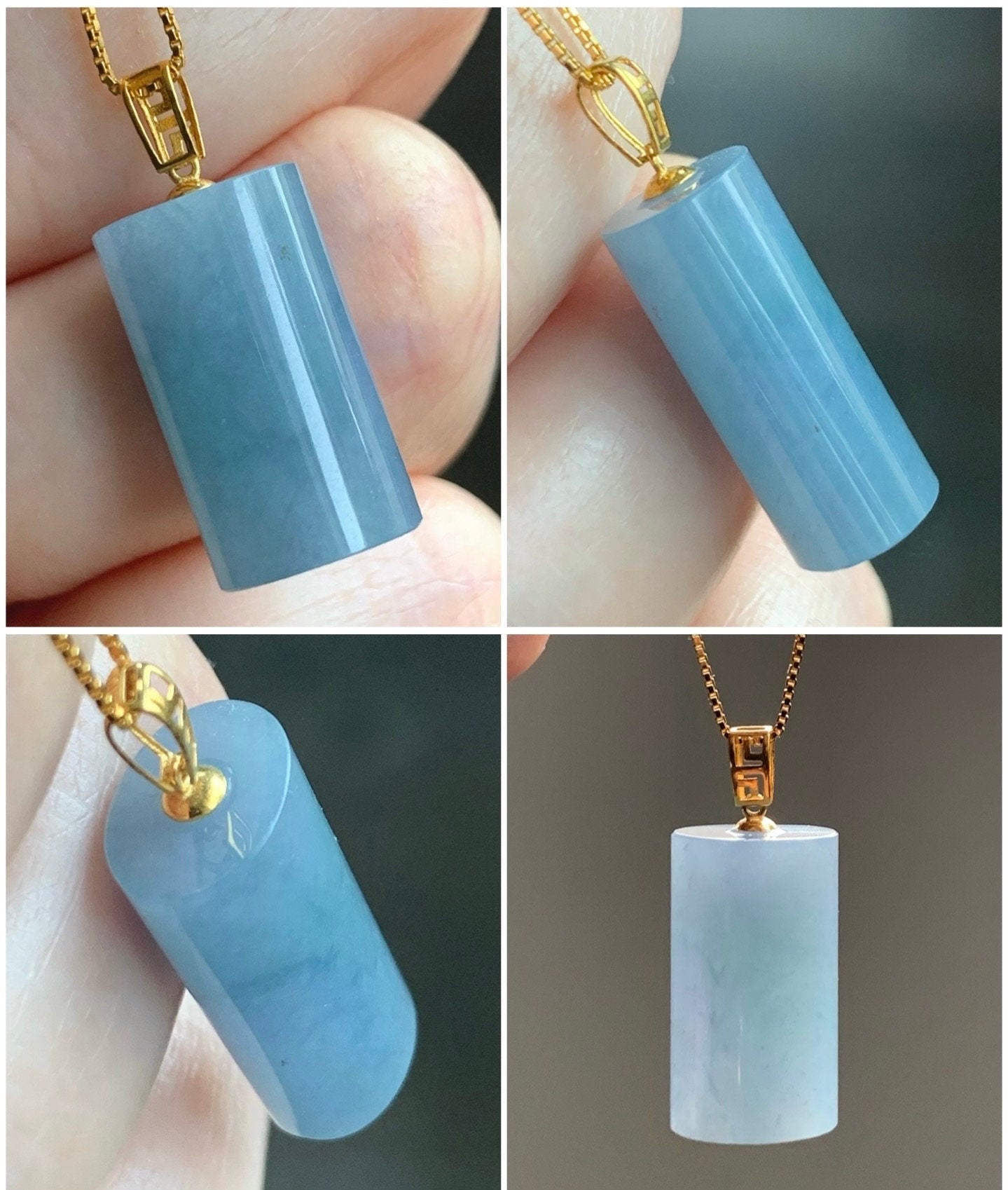 Natural Guatemalan Icy Translucent Gelatinous Purplish Blue Jadeite Cylinder Pendant 18K Yellow Gold Bail 天然冰危蓝紫翡翠圆柱镶嵌吊坠