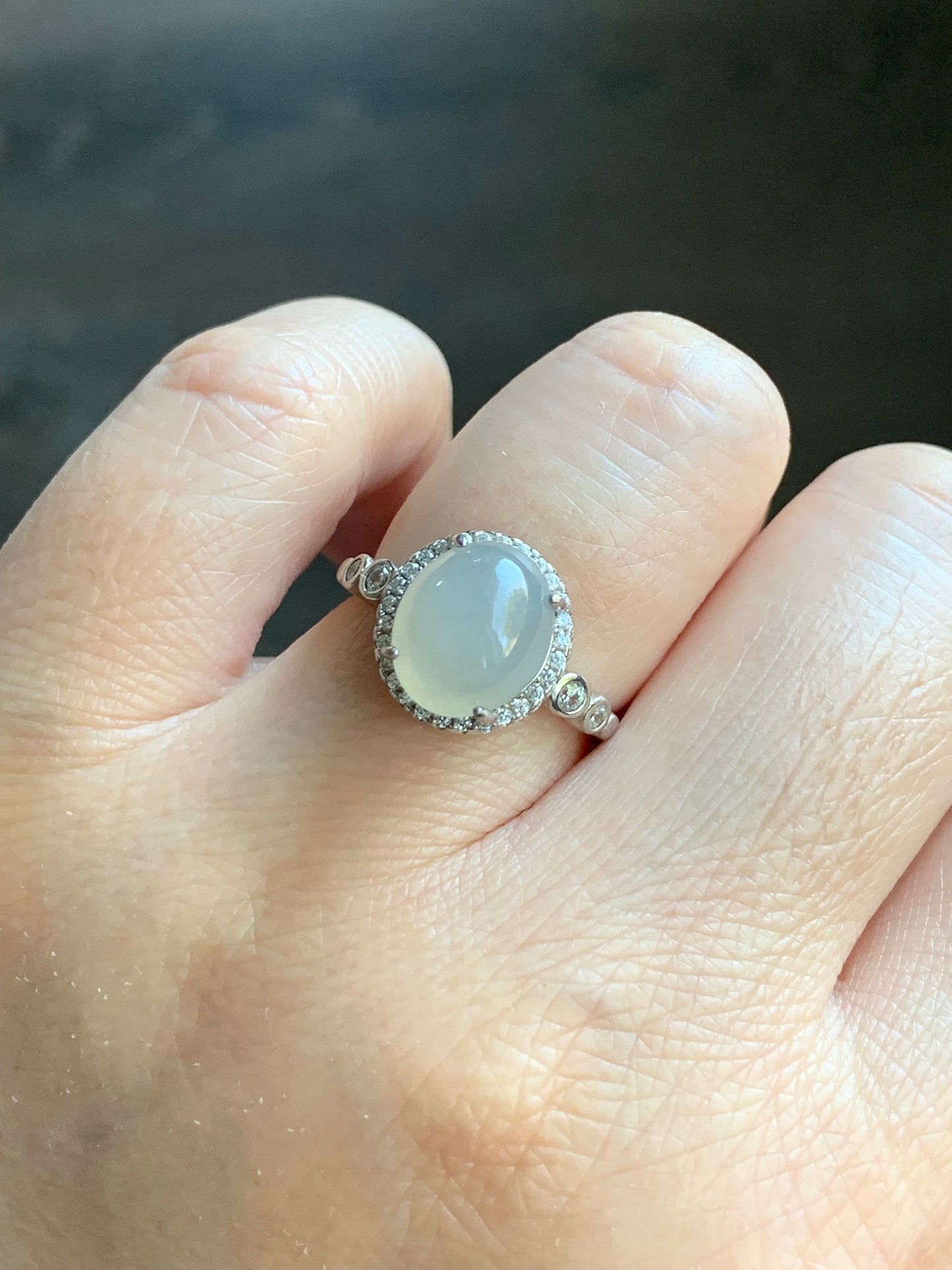 Natural Burmese Icy Translucent White Jadeite Oval Cabochon Solitaire Ring S925 Sterling Silver Size 6.5 Adjustable 天然缅甸白冰翡翠蛋面银镶戒指 1120F