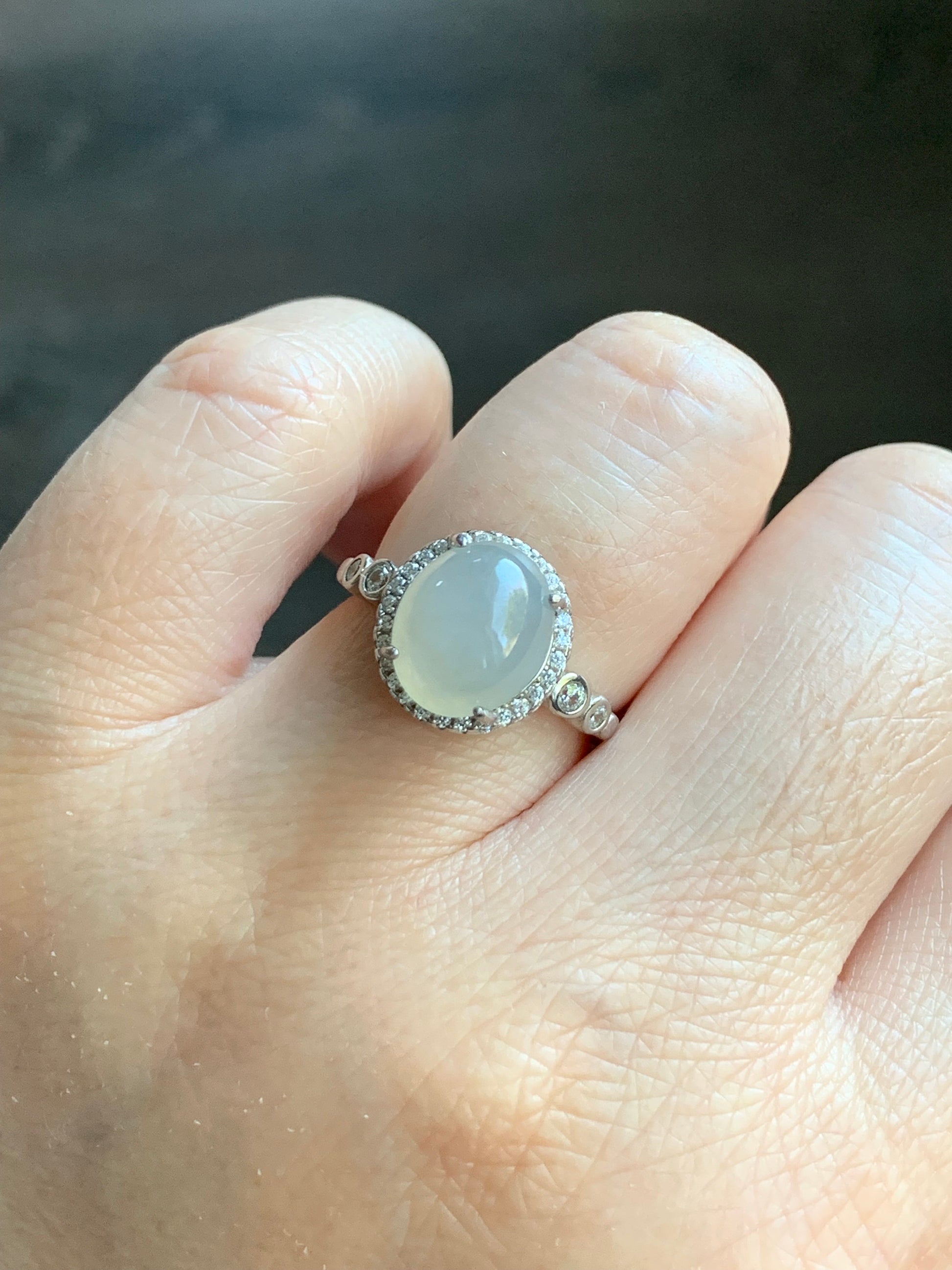 Natural Burmese Icy Translucent White Jadeite Oval Cabochon Solitaire Ring S925 Sterling Silver Size 6.5 Adjustable 天然缅甸白冰翡翠蛋面银镶戒指 1120F