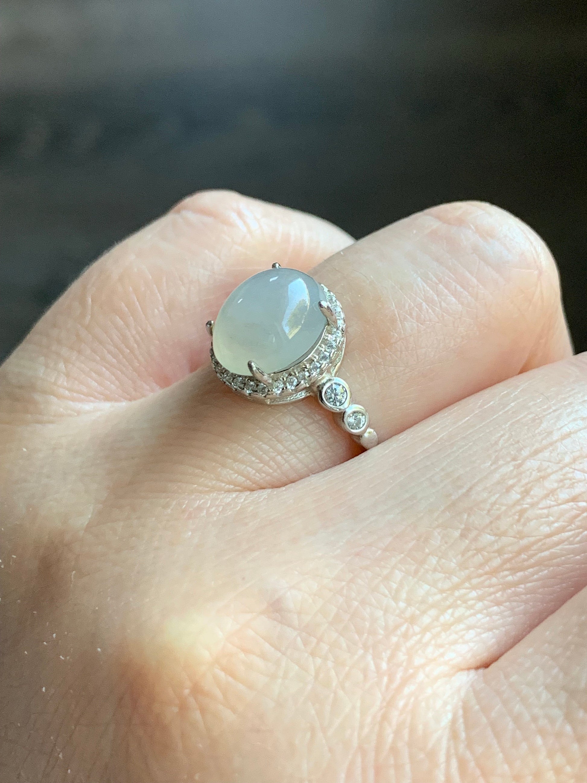 Natural Burmese Icy Translucent White Jadeite Oval Cabochon Solitaire Ring S925 Sterling Silver Size 6.5 Adjustable 天然缅甸白冰翡翠蛋面银镶戒指 1120F