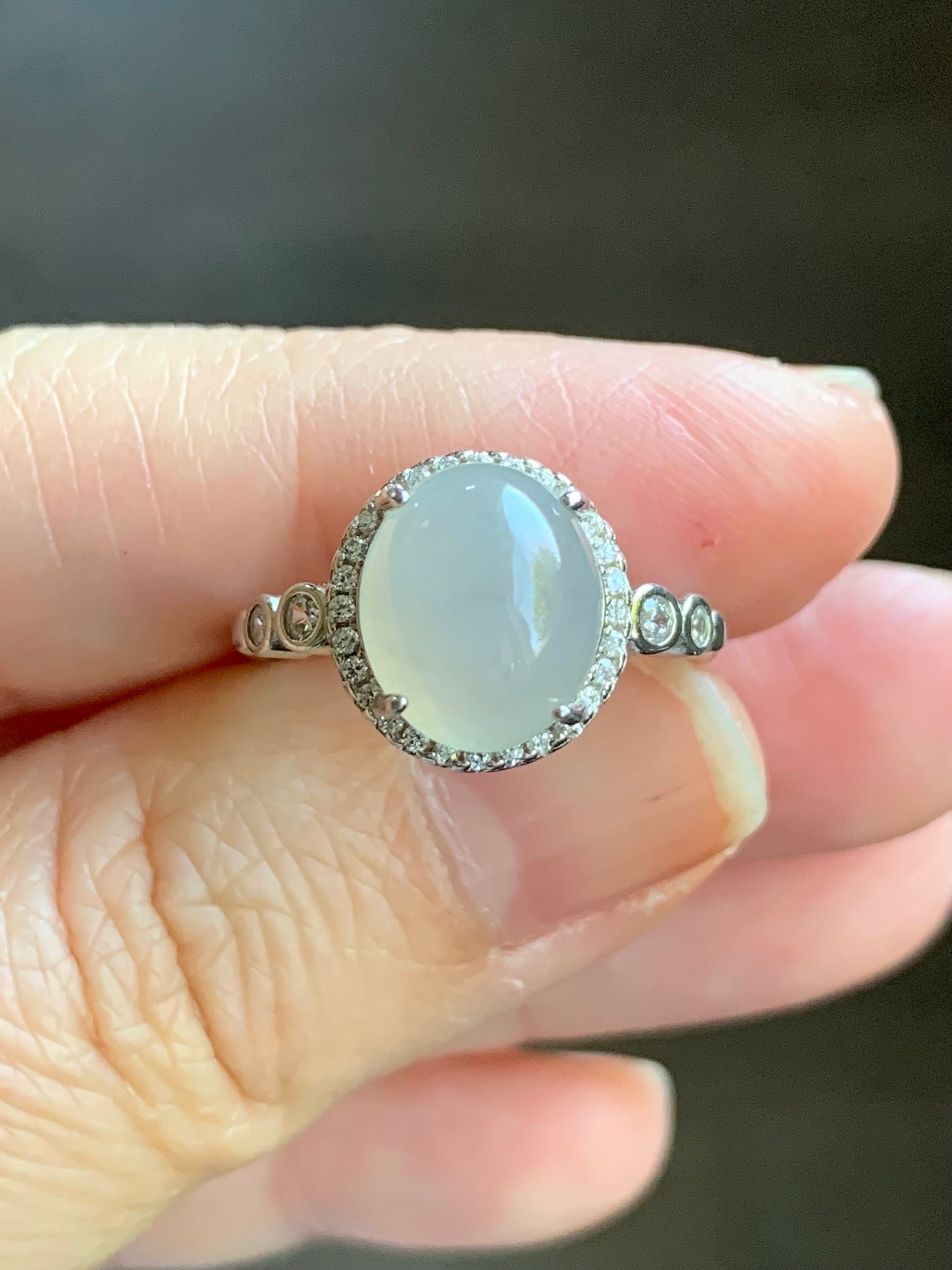 Natural Burmese Icy Translucent White Jadeite Oval Cabochon Solitaire Ring S925 Sterling Silver Size 6.5 Adjustable 天然缅甸白冰翡翠蛋面银镶戒指 1120F