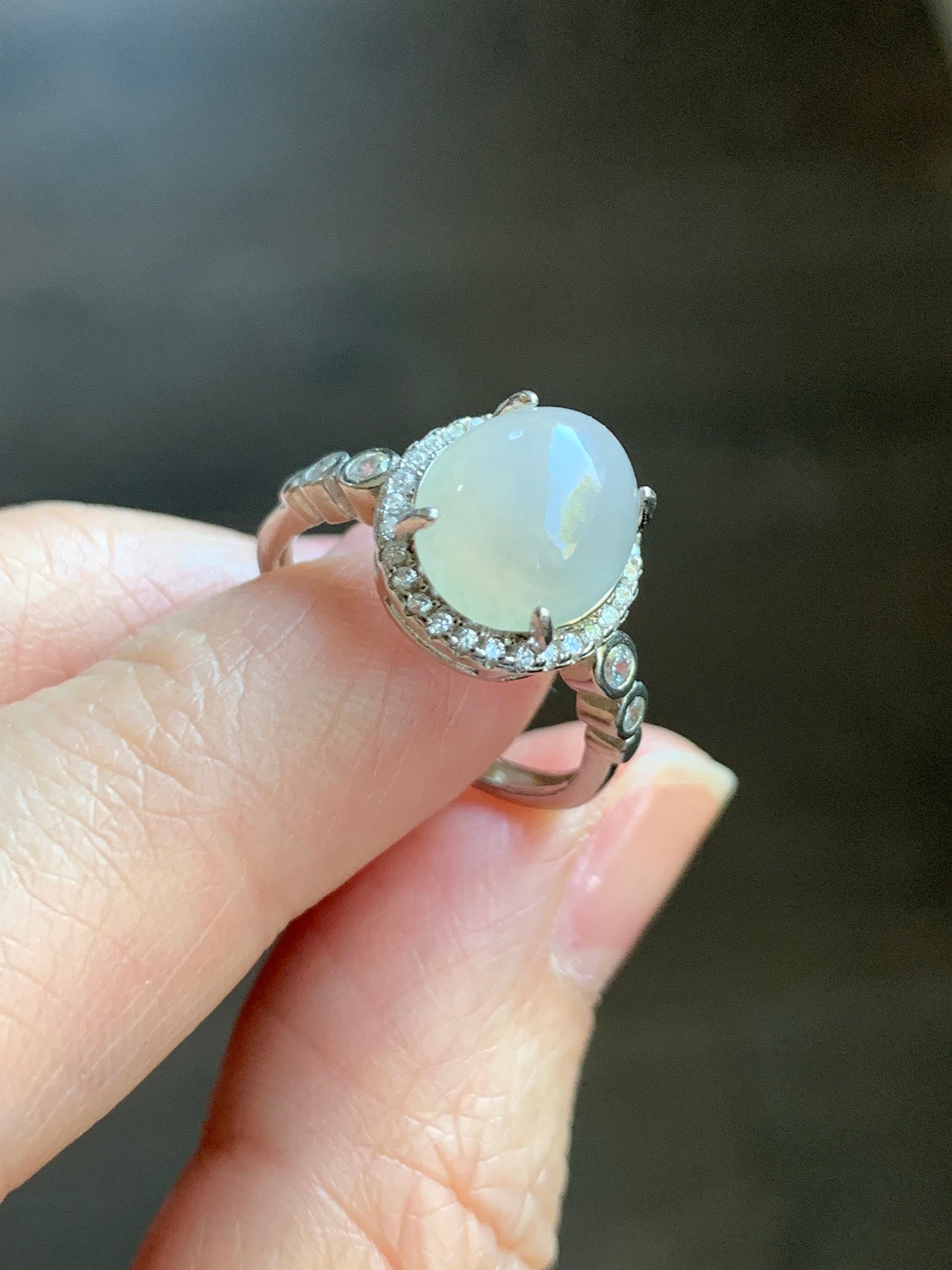 Natural Burmese Icy Translucent White Jadeite Oval Cabochon Solitaire Ring S925 Sterling Silver Size 6.5 Adjustable 天然缅甸白冰翡翠蛋面银镶戒指 1120F