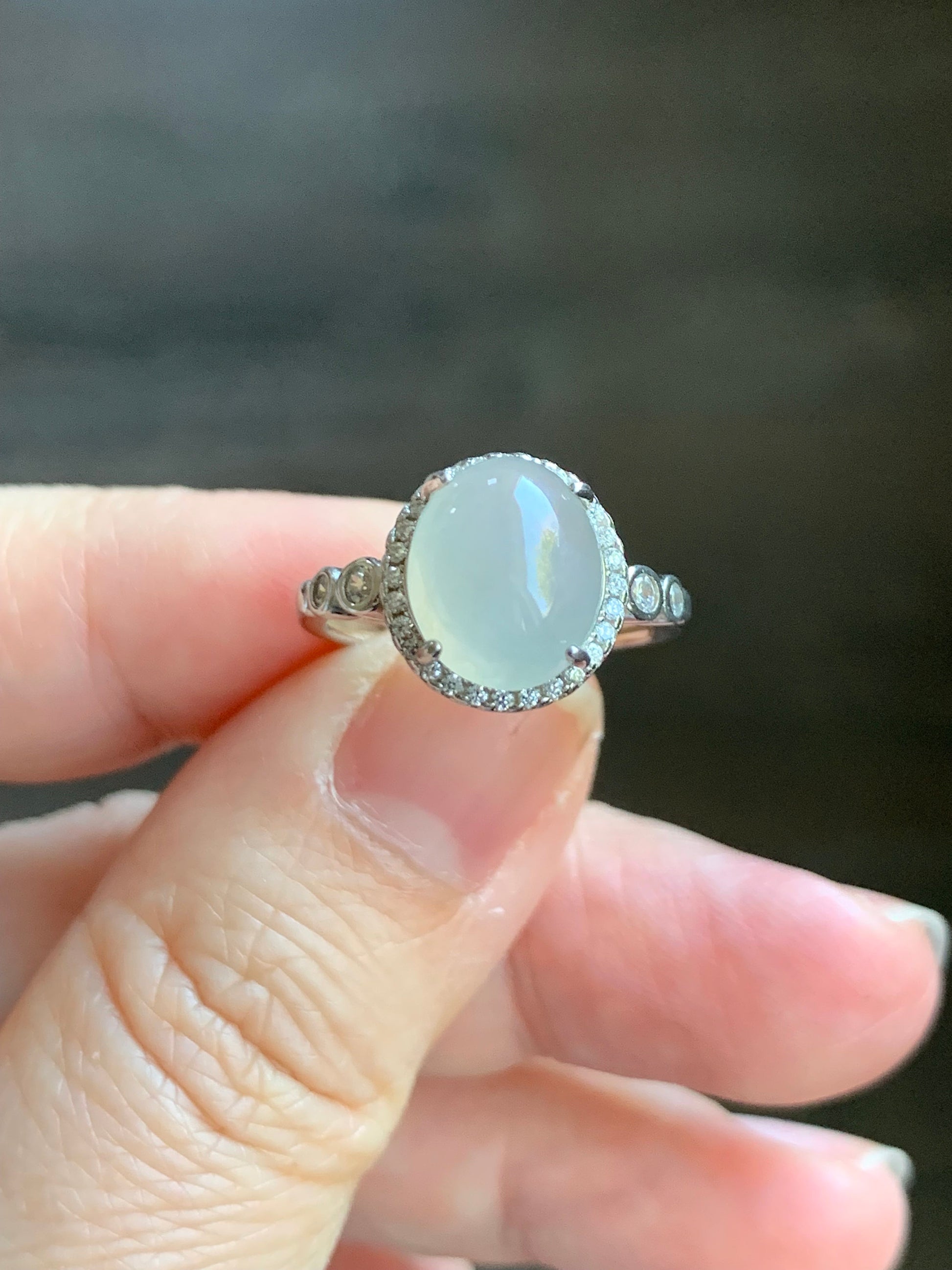 Natural Burmese Icy Translucent White Jadeite Oval Cabochon Solitaire Ring S925 Sterling Silver Size 6.5 Adjustable 天然缅甸白冰翡翠蛋面银镶戒指 1120F