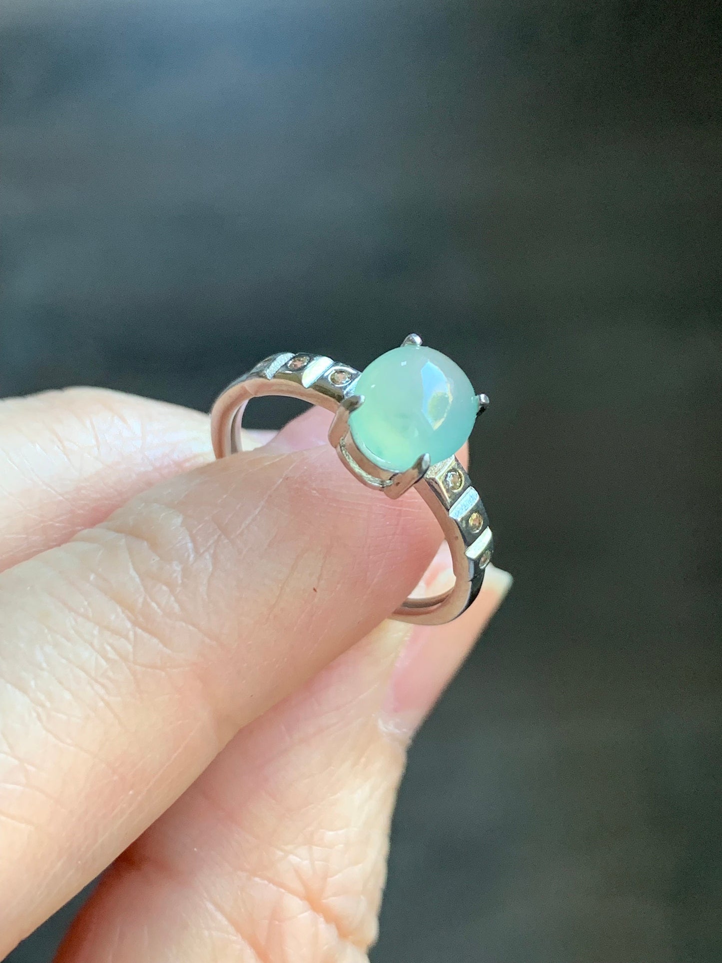 Natural Burmese Icy Translucent Light Green Jadeite Oval Cabochon Solitaire Ring S925 Sterling Silver Size 6.5 天然缅甸冰晴色翡翠蛋面银镶戒指 1120D