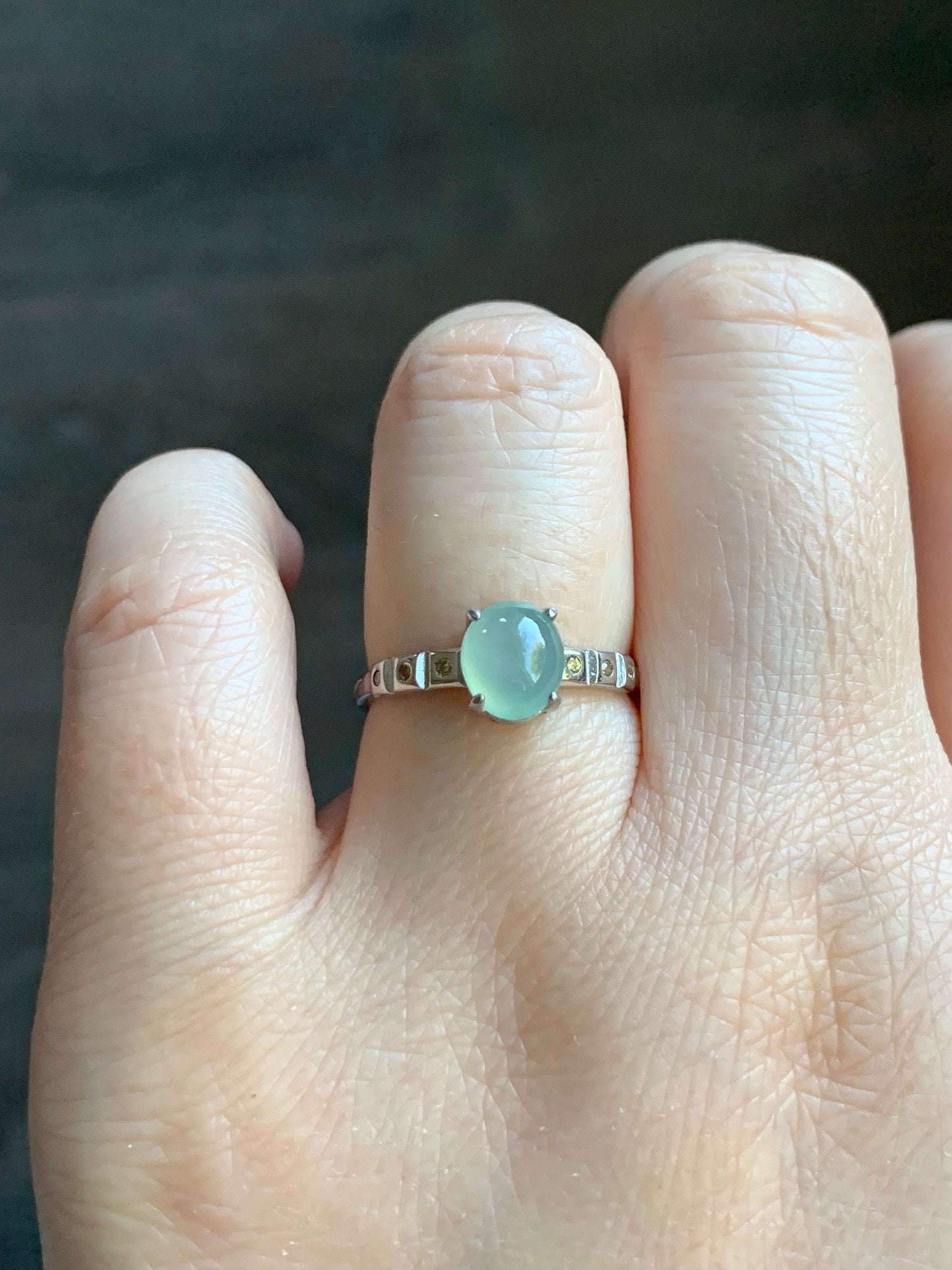 Natural Burmese Icy Translucent Light Green Jadeite Oval Cabochon Solitaire Ring S925 Sterling Silver Size 6.5 天然缅甸冰晴色翡翠蛋面银镶戒指 1120D