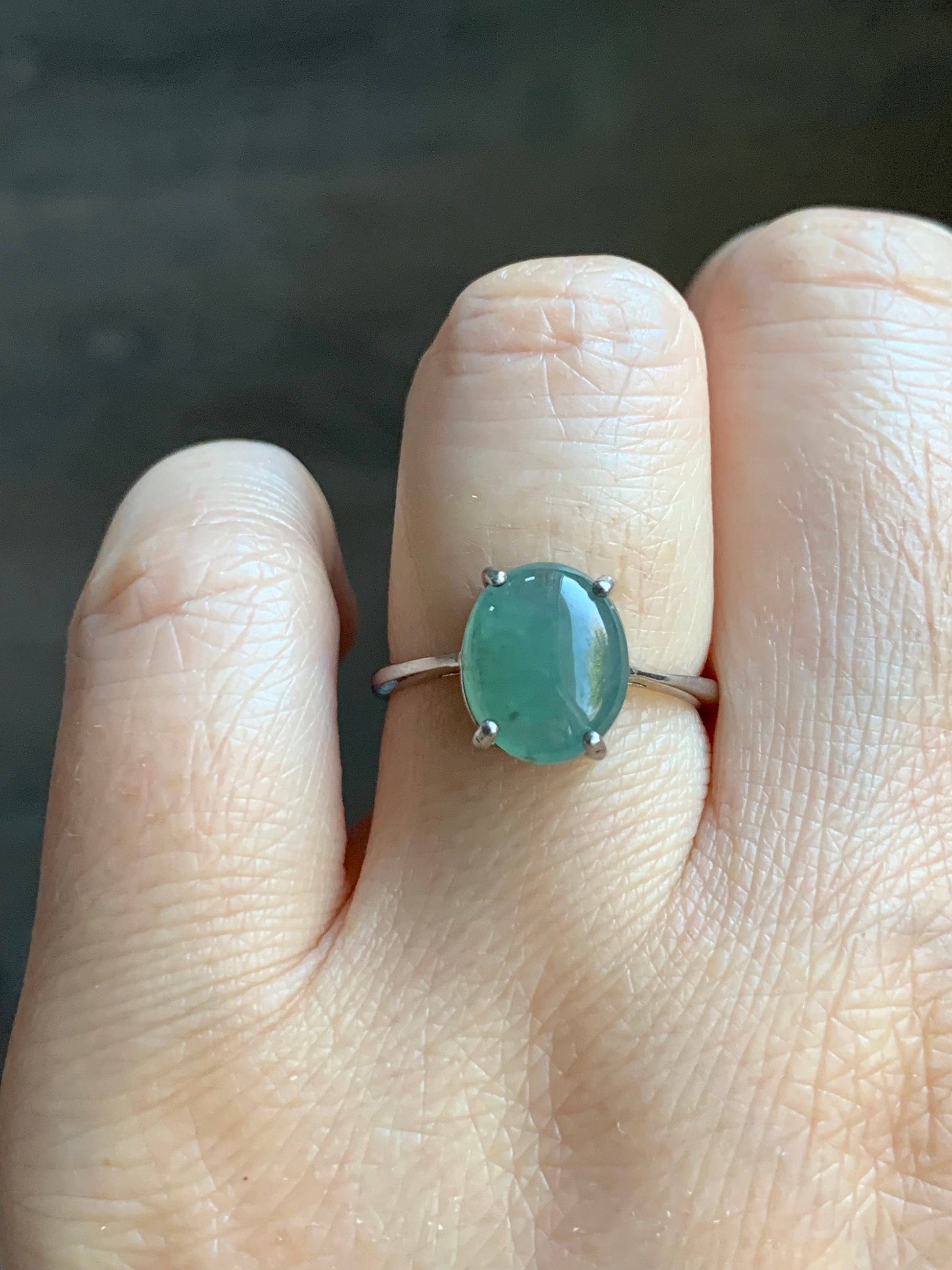 Natural Burmese Icy Translucent Dusty Teal Green Jadeite Oval Cabochon Solitaire Ring S925 Sterling Silver Size 7 天然缅甸冰蓝绿色翡翠蛋面银镶戒指 1120C