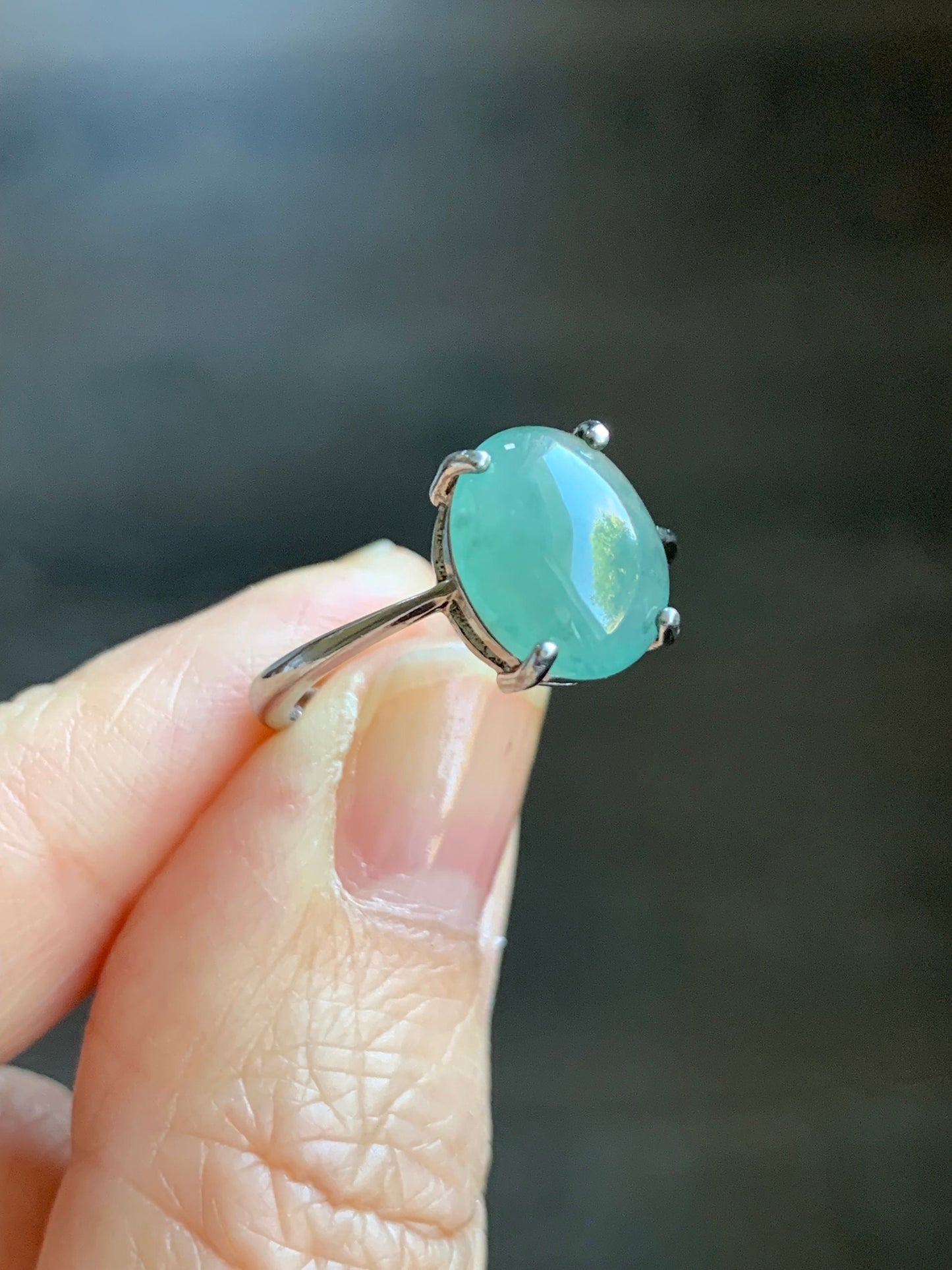 Natural Burmese Icy Translucent Dusty Teal Green Jadeite Oval Cabochon Solitaire Ring S925 Sterling Silver Size 7 天然缅甸冰蓝绿色翡翠蛋面银镶戒指 1120C