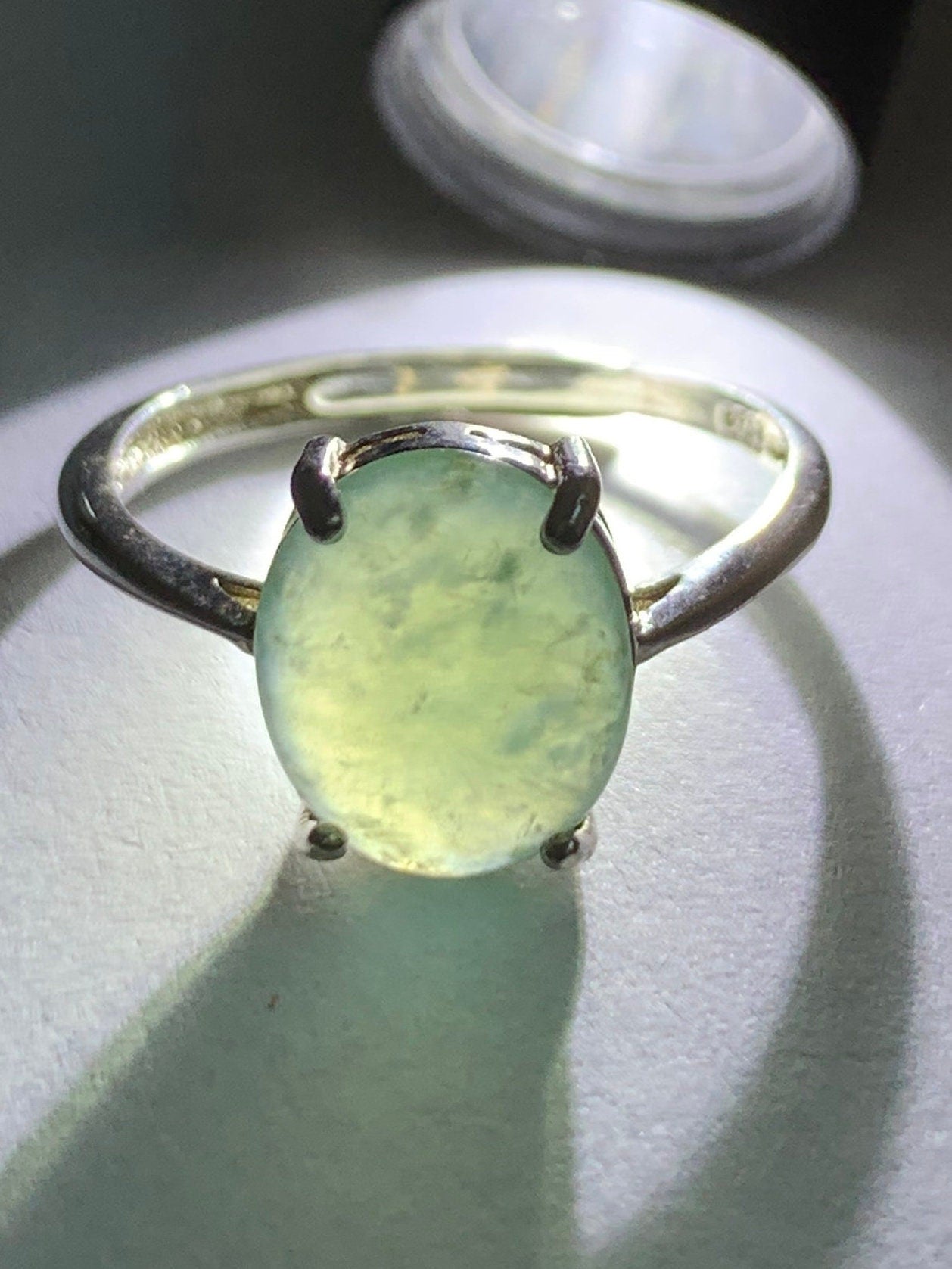 Natural Burmese Icy Translucent Dusty Teal Green Jadeite Oval Cabochon Solitaire Ring S925 Sterling Silver Size 7 天然缅甸冰蓝绿色翡翠蛋面银镶戒指 1120C