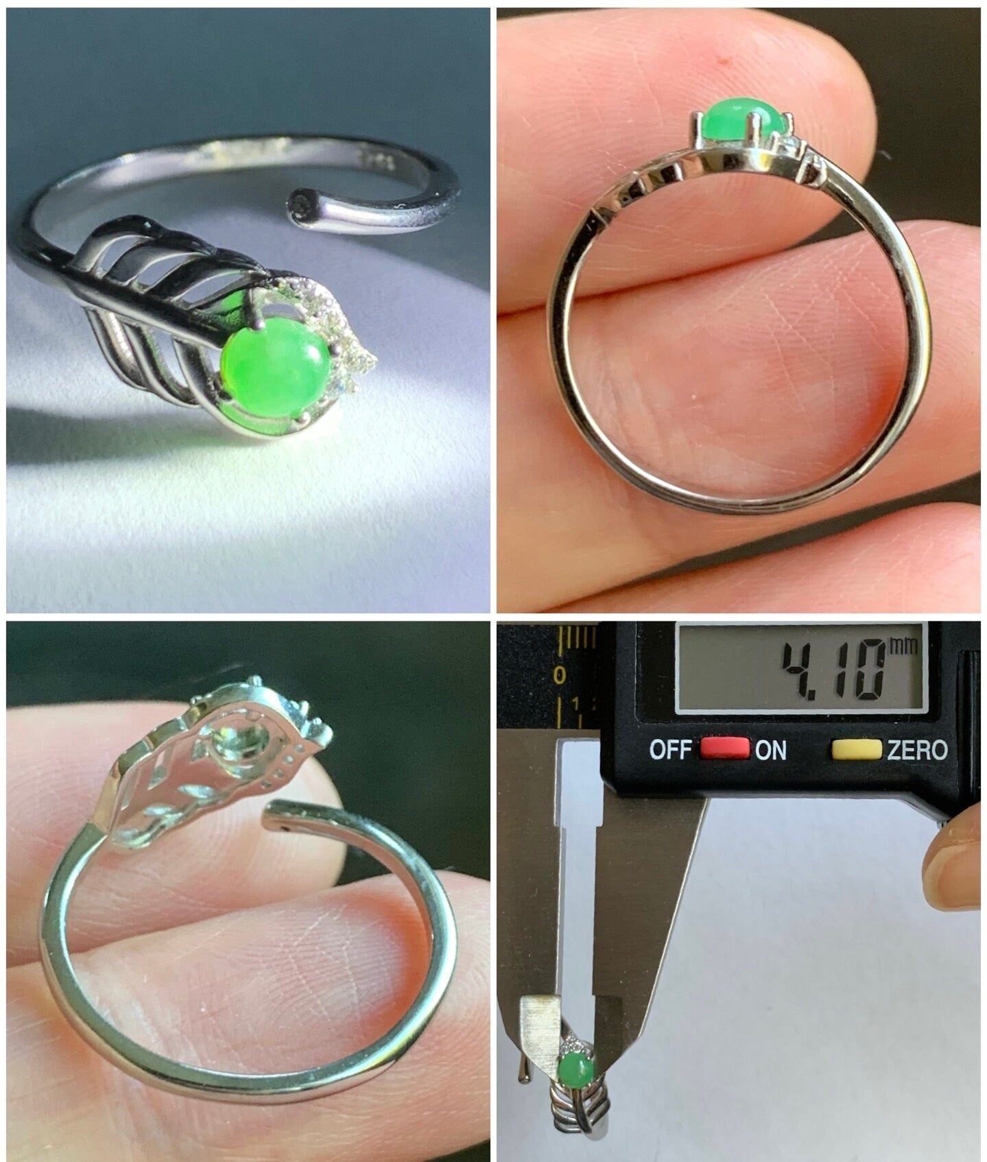 Natural Burmese Icy Translucent Apple Green Jadeite Feather Design Bypass Ring S925 Sterling Silver Sz 6.5 Adjustable 天然缅甸果绿翡翠羽毛开口银镶戒指 1120B