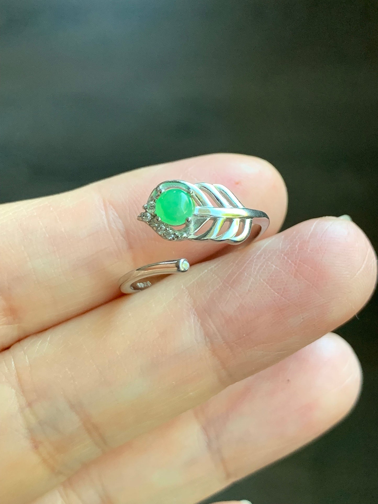 Natural Burmese Icy Translucent Apple Green Jadeite Feather Design Bypass Ring S925 Sterling Silver Sz 6.5 Adjustable 天然缅甸果绿翡翠羽毛开口银镶戒指 1120B
