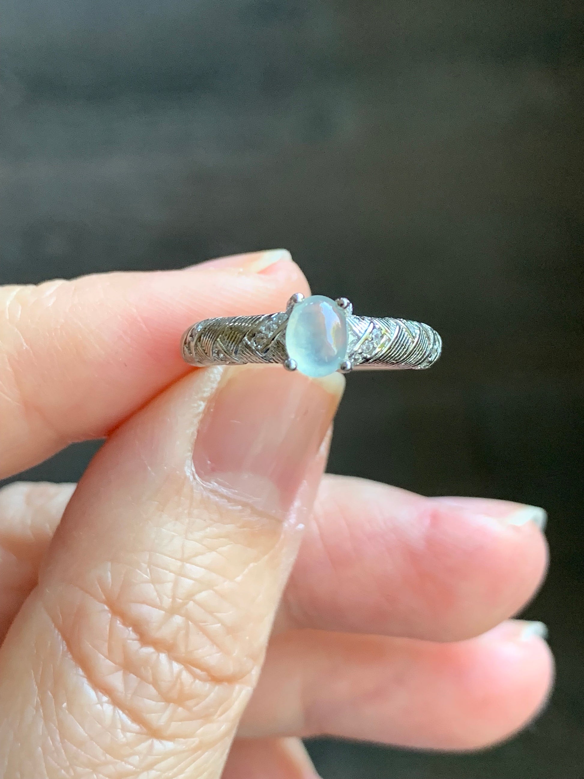 Natural Burmese Icy Translucent White Jadeite Oval Cabochon Solitaire Ring S925 Sterling Silver Size 6.75 Adjustable 天然缅甸白冰翡翠蛋面银镶戒指 1120A