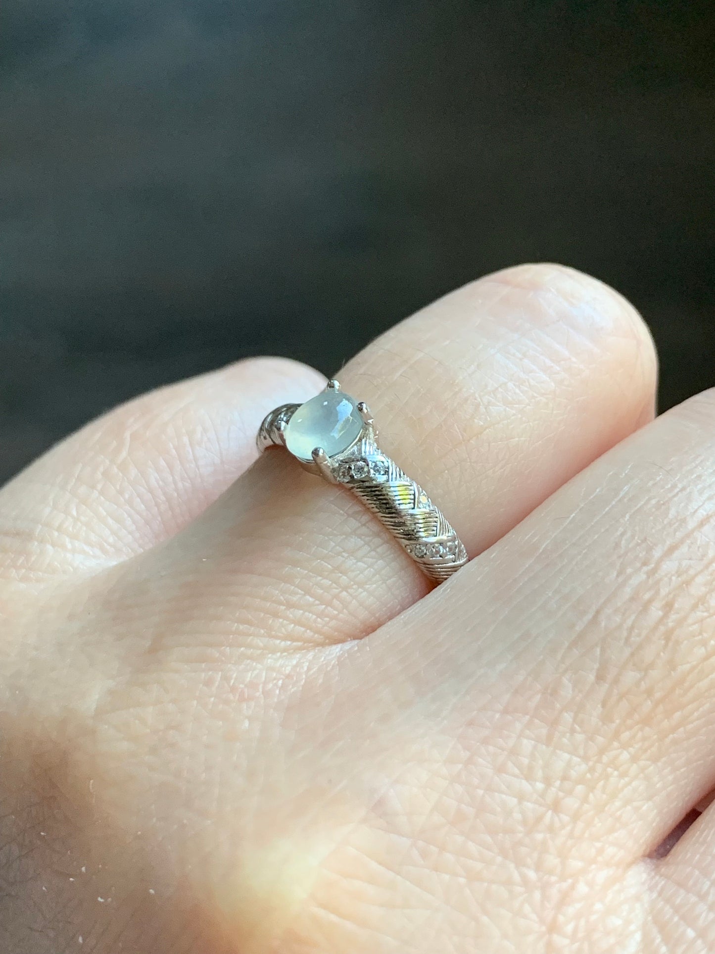 Natural Burmese Icy Translucent White Jadeite Oval Cabochon Solitaire Ring S925 Sterling Silver Size 6.75 Adjustable 天然缅甸白冰翡翠蛋面银镶戒指 1120A