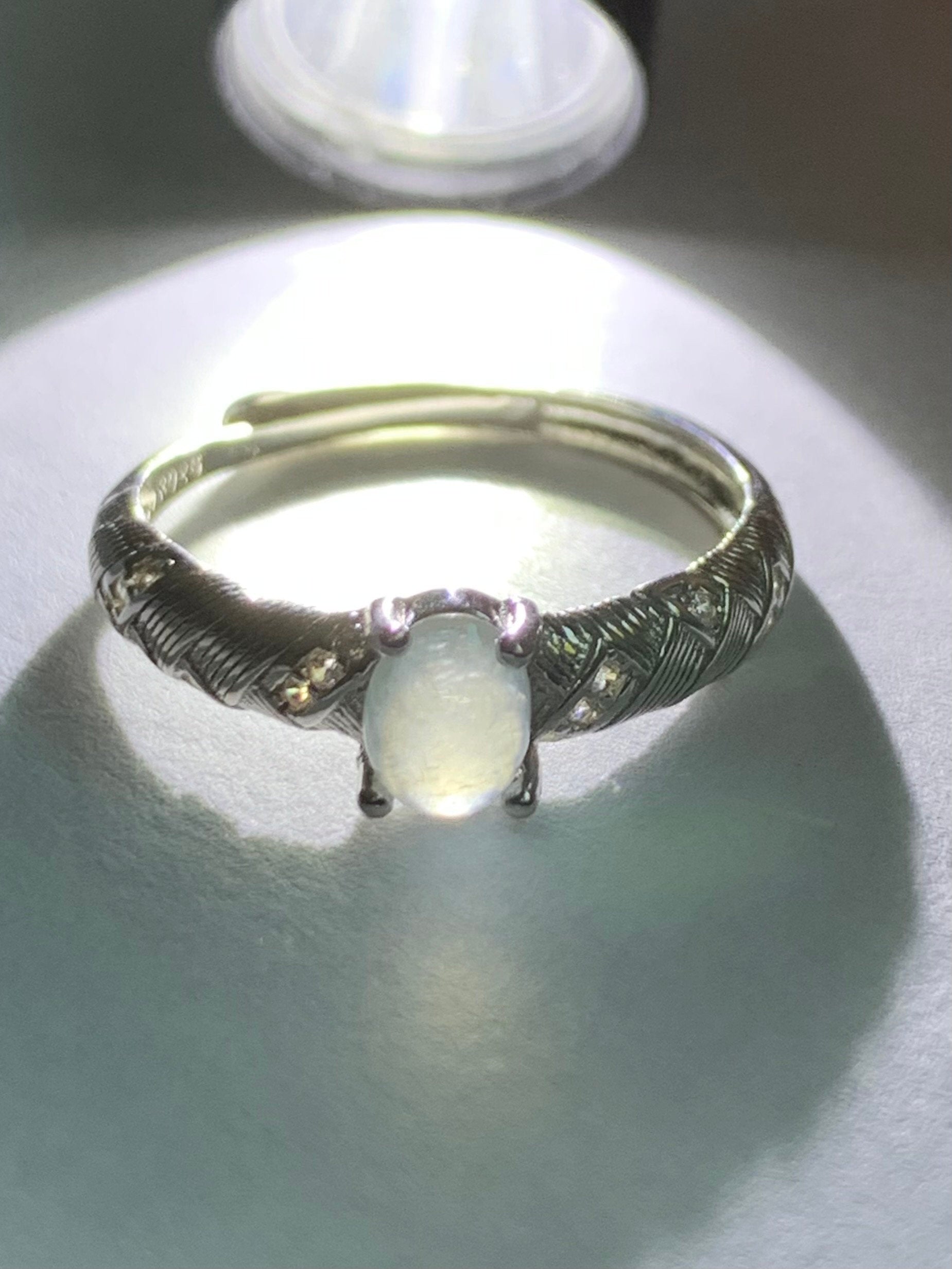 Natural Burmese Icy Translucent White Jadeite Oval Cabochon Solitaire Ring S925 Sterling Silver Size 6.75 Adjustable 天然缅甸白冰翡翠蛋面银镶戒指 1120A
