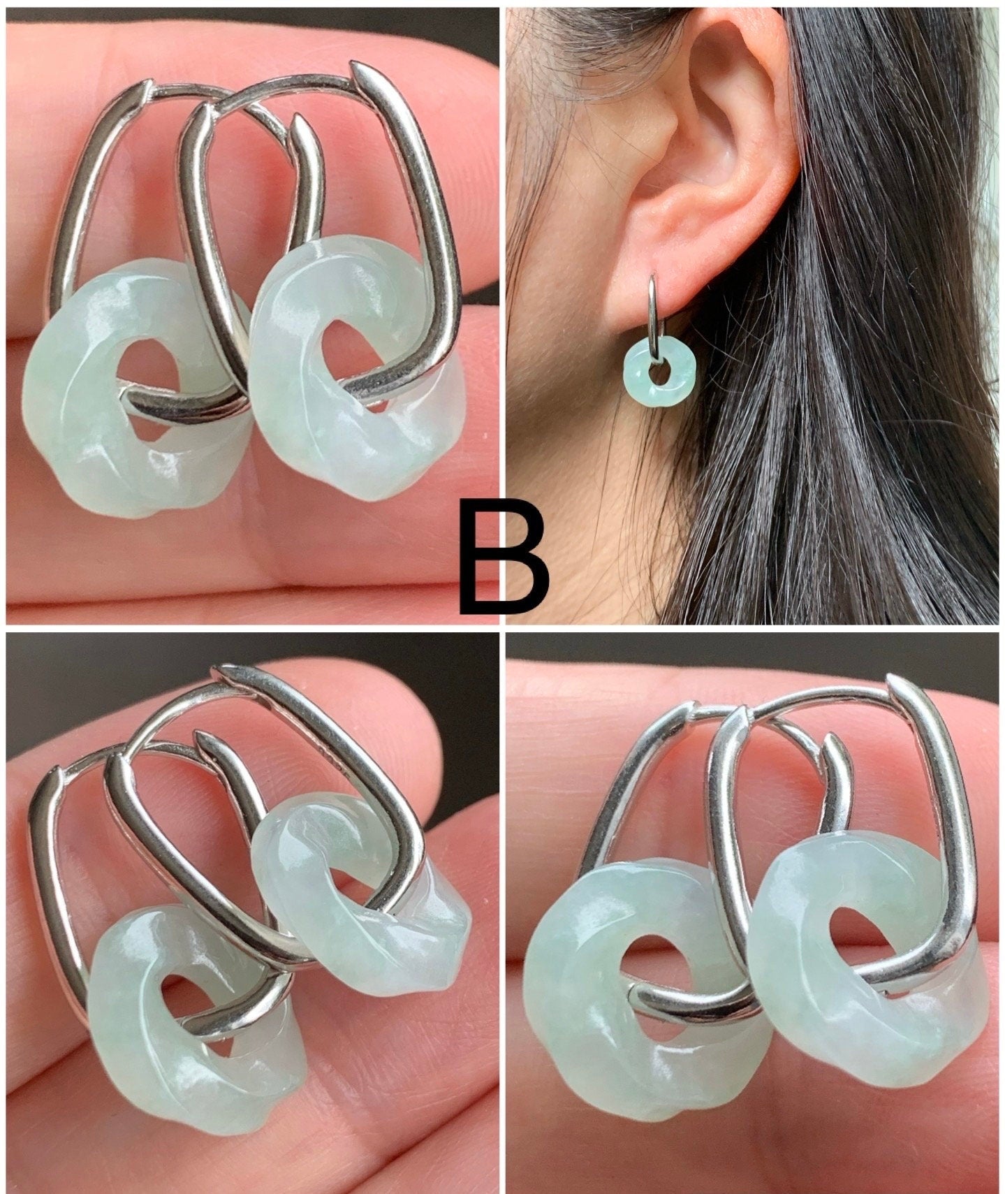Natural Burmese Icy Translucent Jadeite Carved Ping An Kou Donut Dangle Huggie Hoop Earrings S925 Sterling Silver 天然缅甸翡翠麻花平安扣银耳包