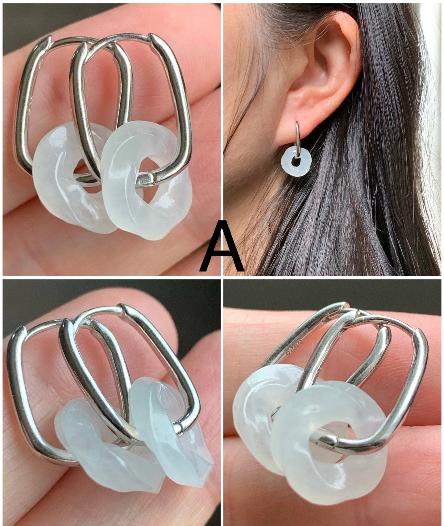 Natural Burmese Icy Translucent Jadeite Carved Ping An Kou Donut Dangle Huggie Hoop Earrings S925 Sterling Silver 天然缅甸翡翠麻花平安扣银耳包