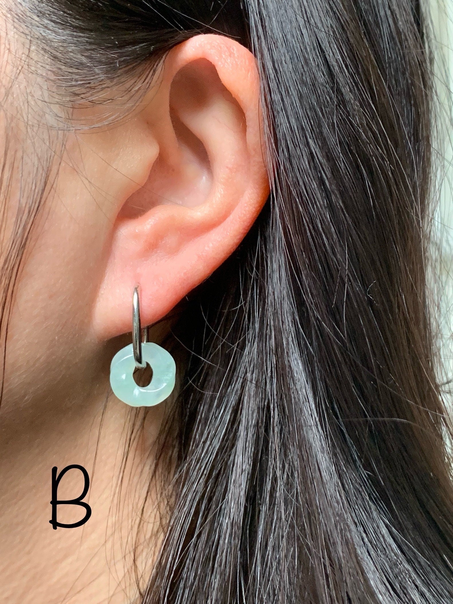 Natural Burmese Icy Translucent Jadeite Carved Ping An Kou Donut Dangle Huggie Hoop Earrings S925 Sterling Silver 天然缅甸翡翠麻花平安扣银耳包